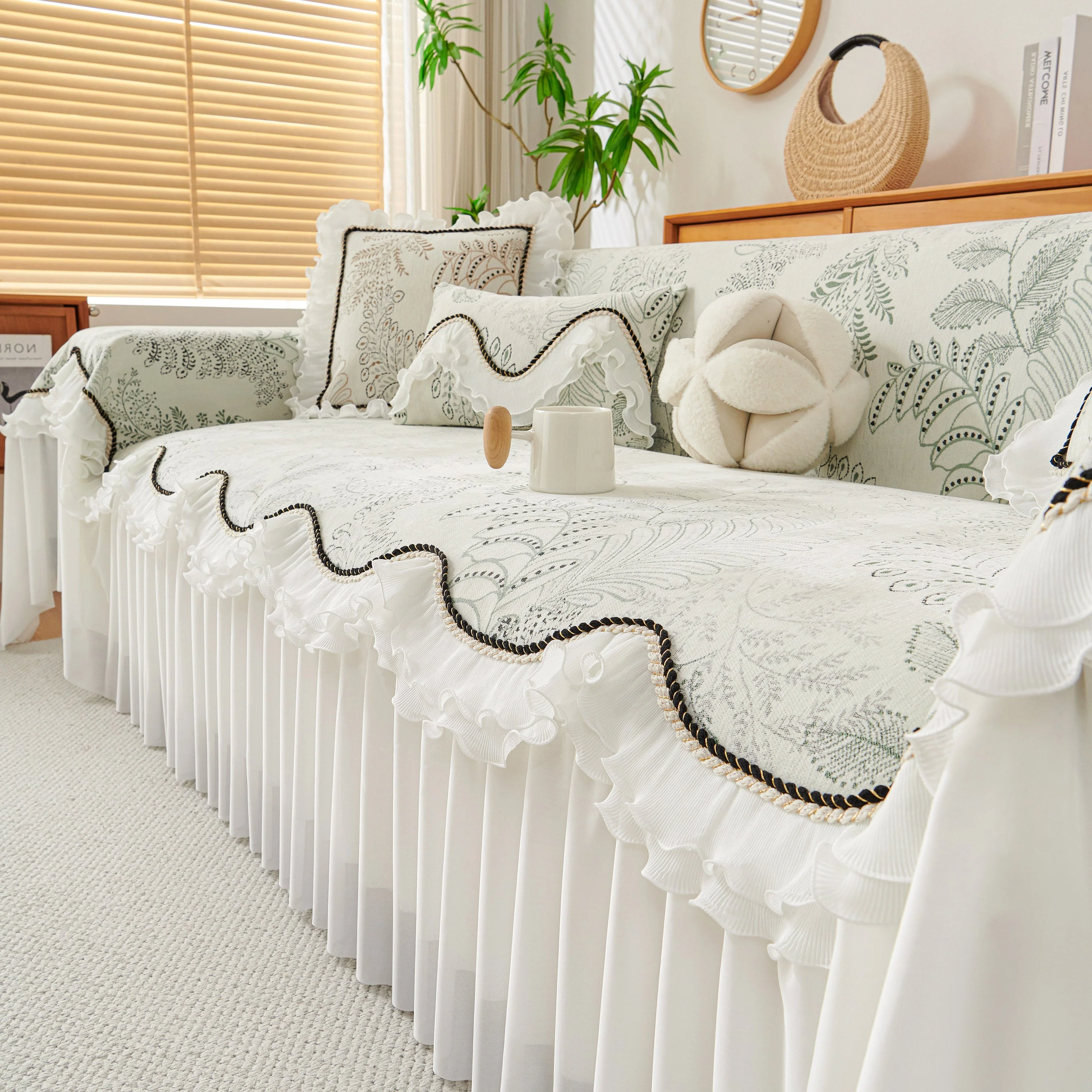 Farmhouse Ruffled Lace Sofa Slipcover Vintage Furniture Protector with Botanical Print - Image 9