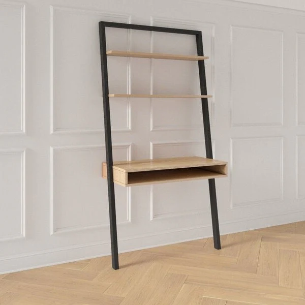 Farmhouse Rustic Oak Black Leaning Ladder Writing Desk 2 Shelves - Image 2