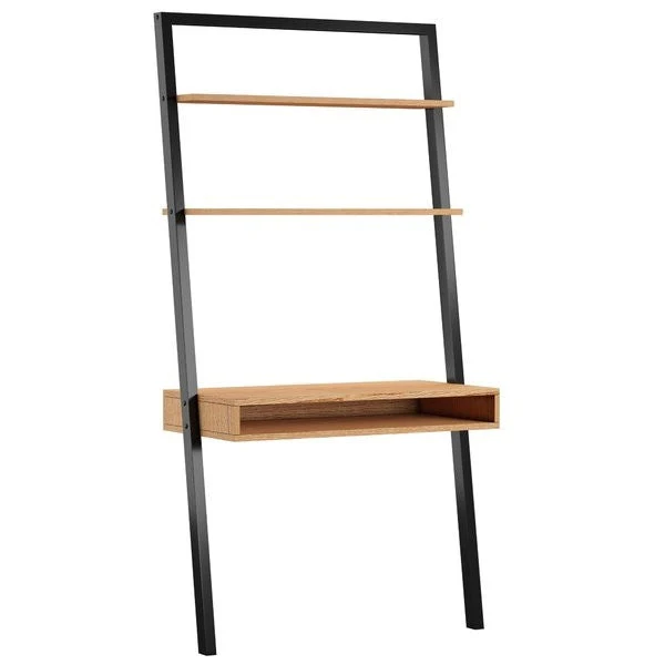 Farmhouse Rustic Oak Black Leaning Ladder Writing Desk 2 Shelves - Image 3