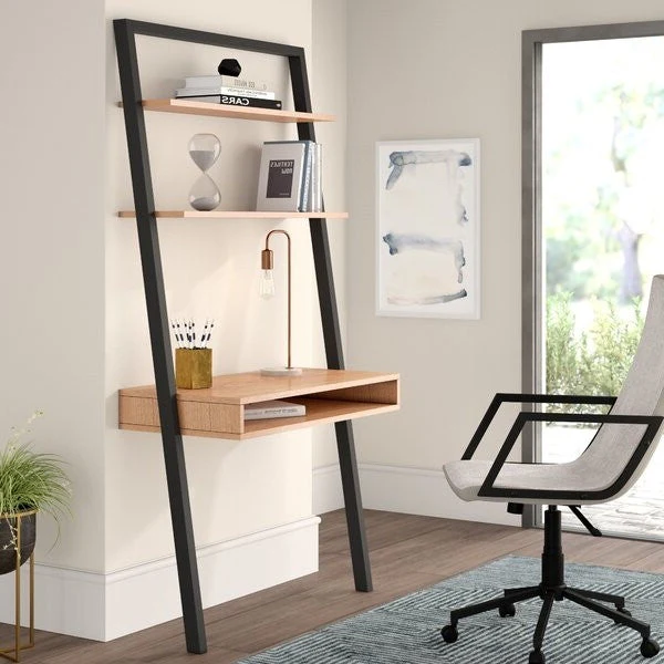 Farmhouse Rustic Oak Black Leaning Ladder Writing Desk 2 Shelves - Image 5