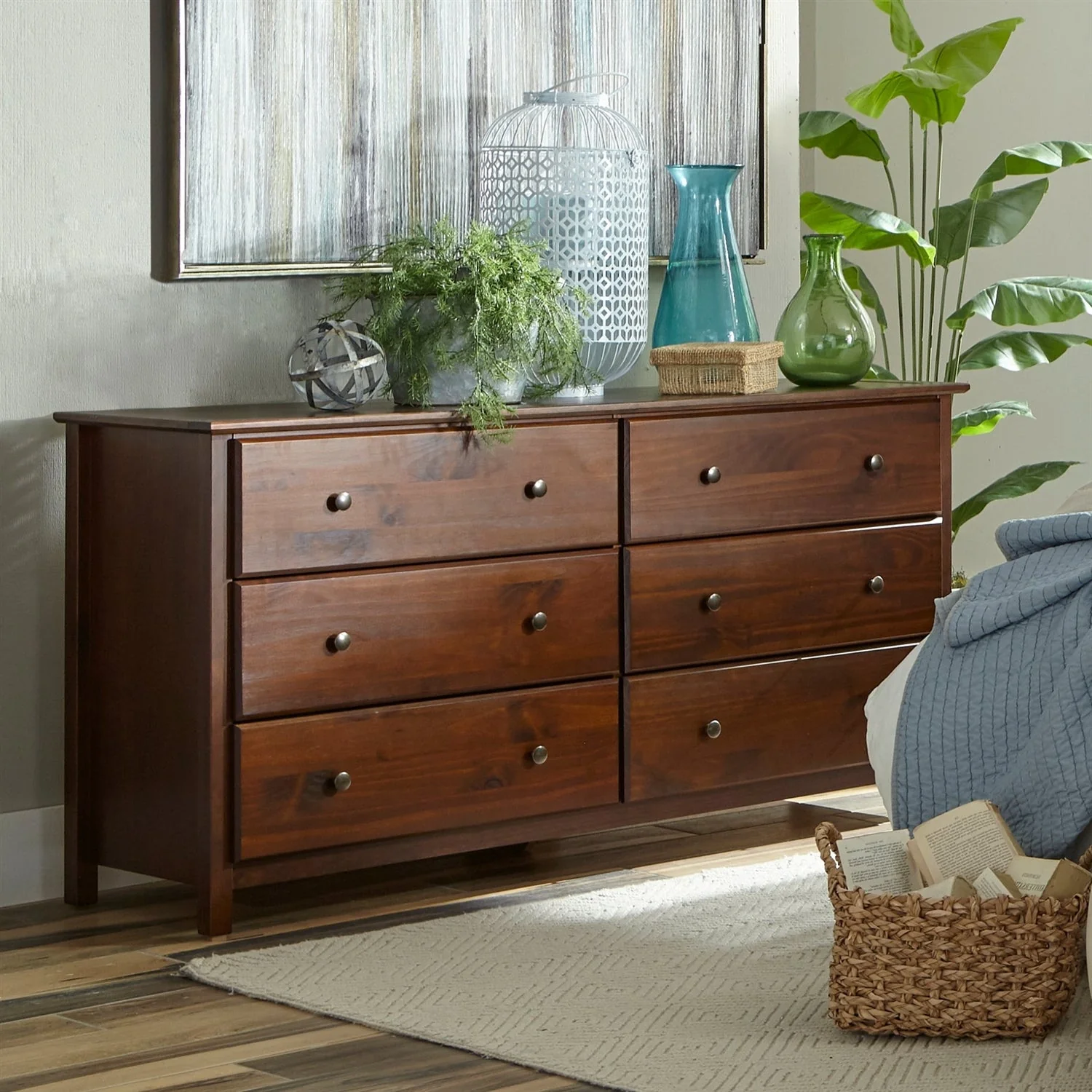 Farmhouse Solid Pine Wood 6 Drawer Dresser in Cherry Finish - Image 5