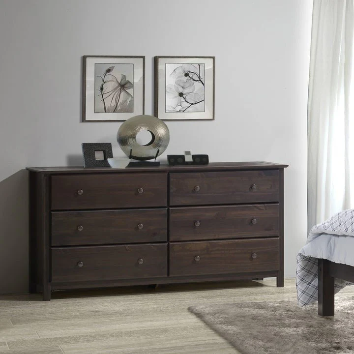 Farmhouse Solid Pine Wood 6 Drawer Dresser in Espresso Finish - Image 4