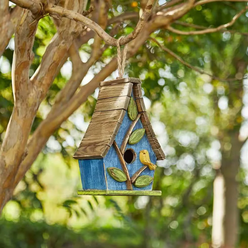 Farmhouse Solid Wood Hanging Birdhouse in Blue Green Yellow Brown - Image 2