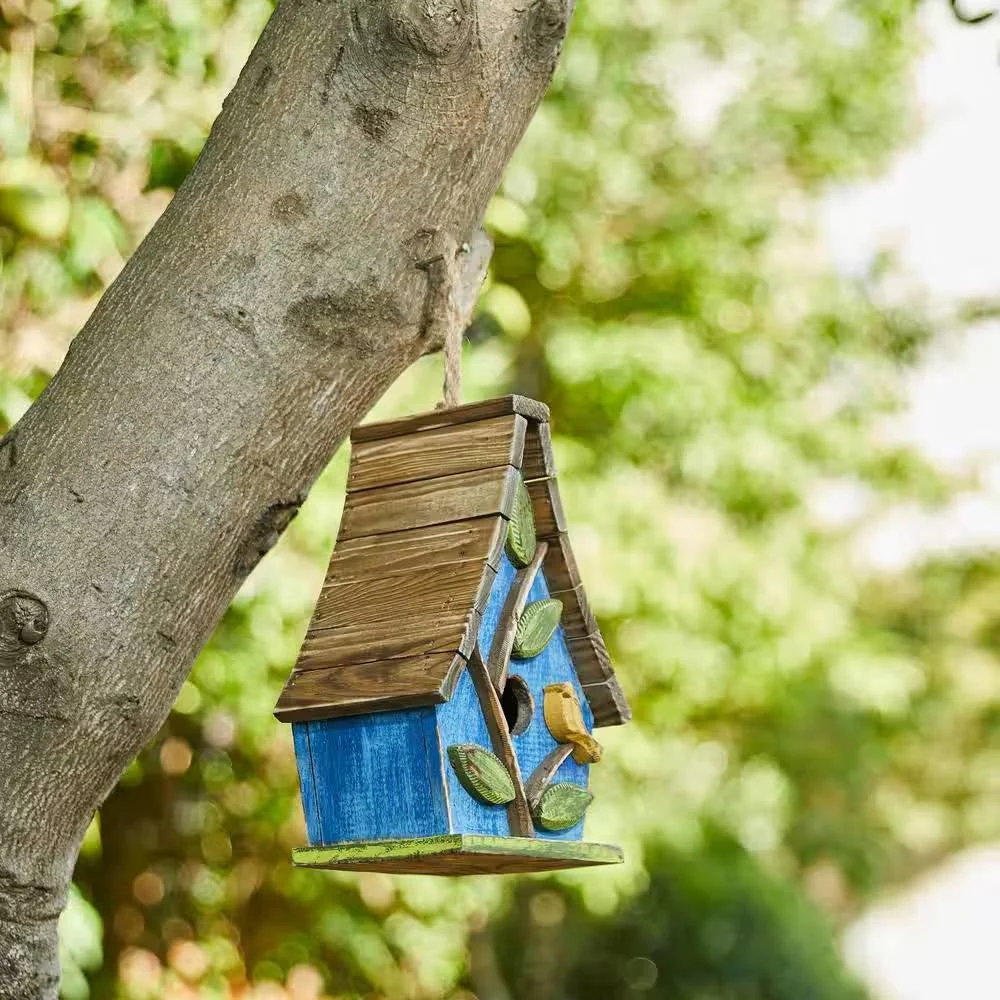 Farmhouse Solid Wood Hanging Birdhouse in Blue Green Yellow Brown - Image 3