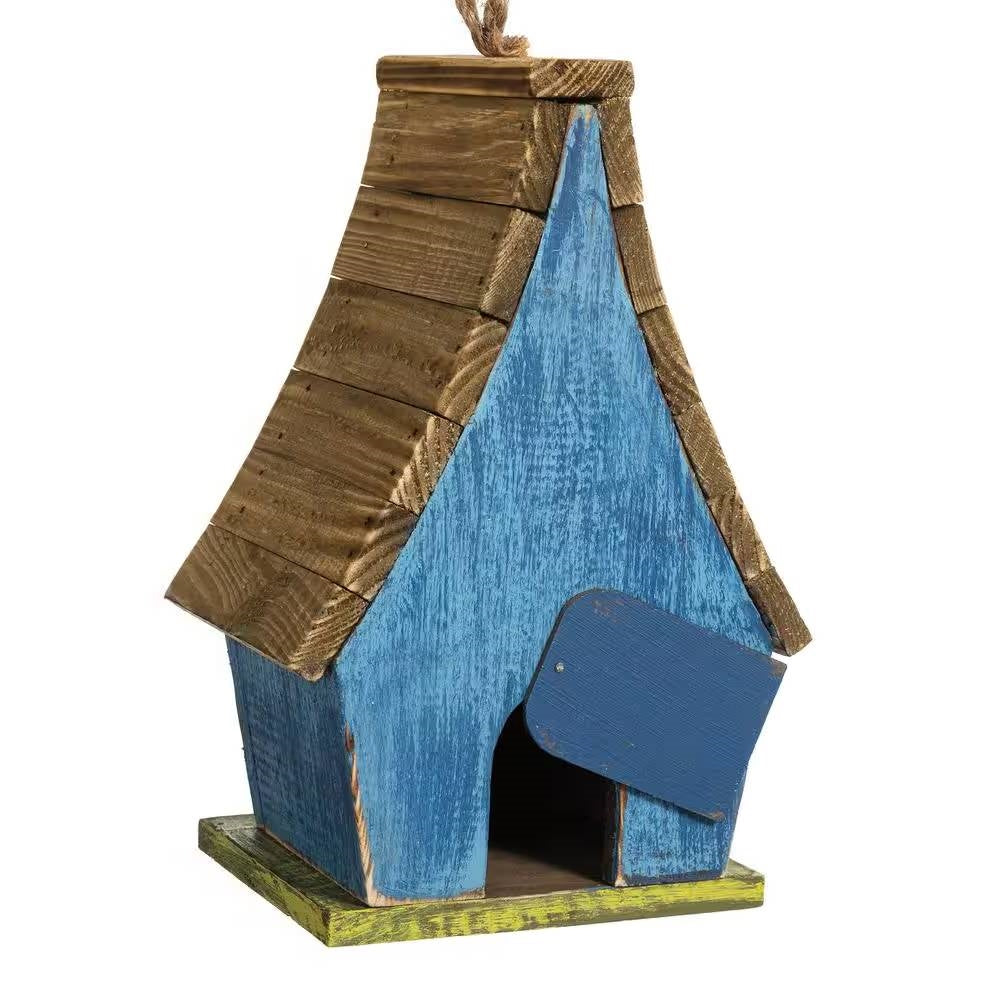 Farmhouse Solid Wood Hanging Birdhouse in Blue Green Yellow Brown - Image 4