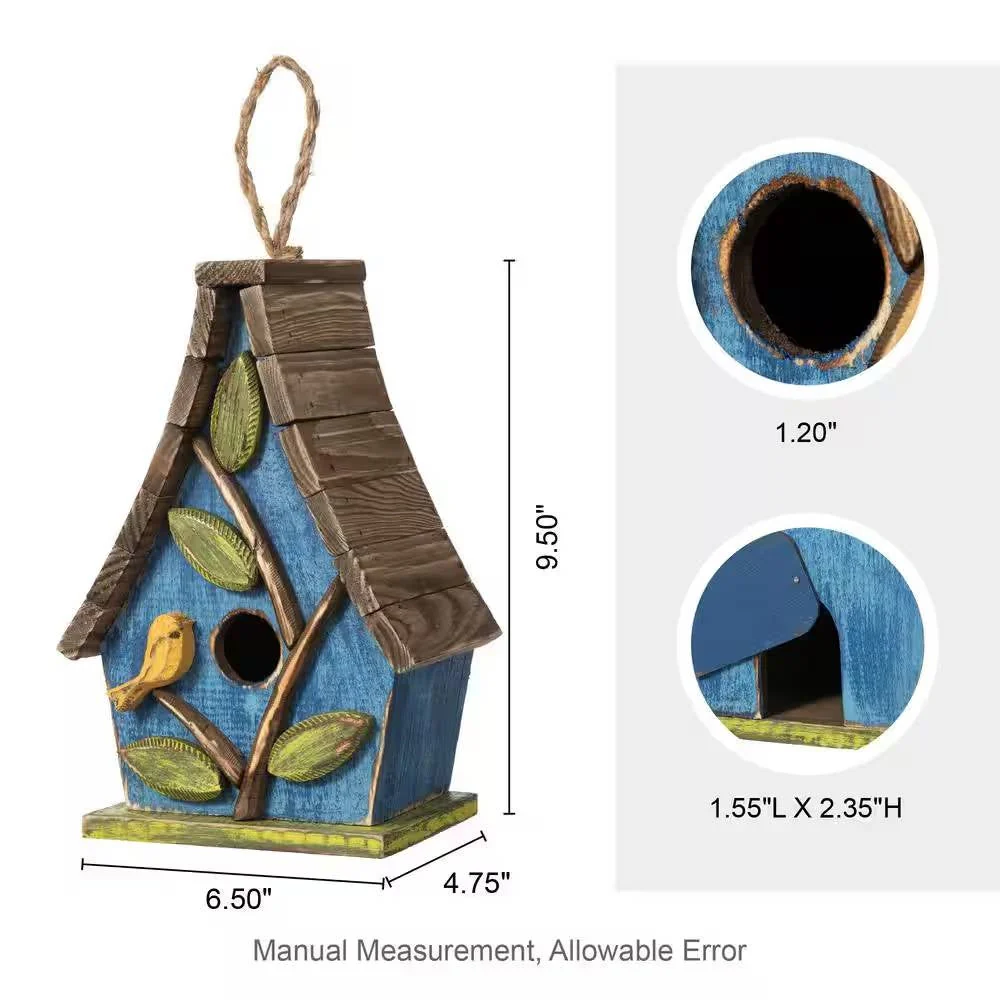 Farmhouse Solid Wood Hanging Birdhouse in Blue Green Yellow Brown - Image 5