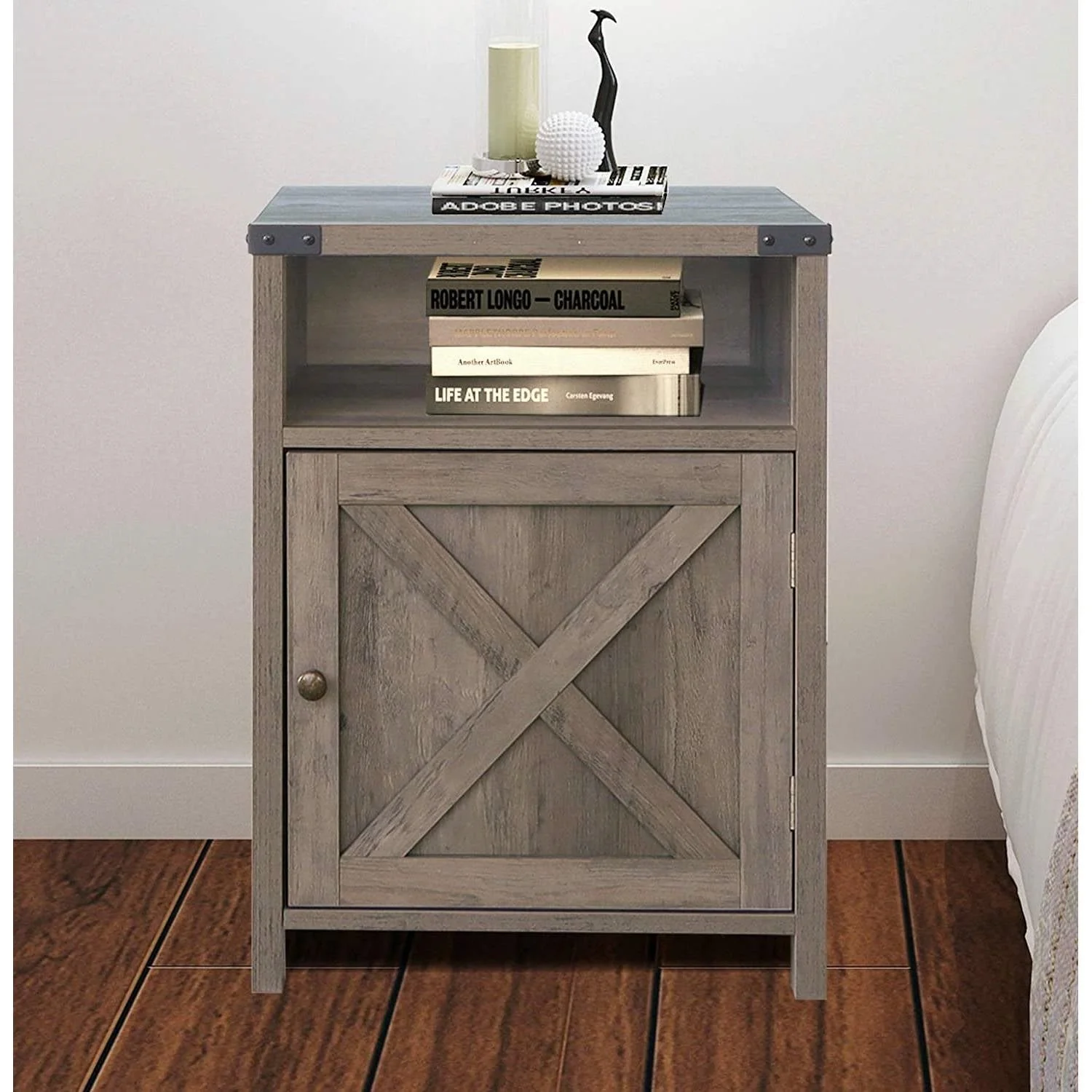 Farmhouse Style End Table Barn Door Nightstand with Open Shelf in Rustic Oak - Image 2