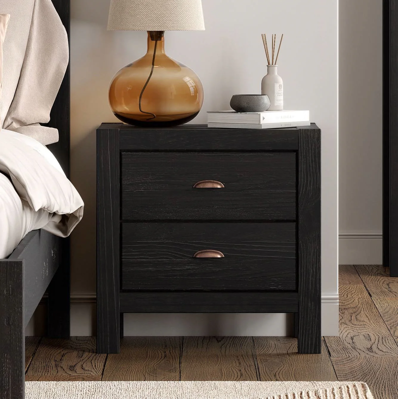 Farmhouse Style Solid Pine Wood 2-Drawer Nightstand Bedside Table in Black - Image 2