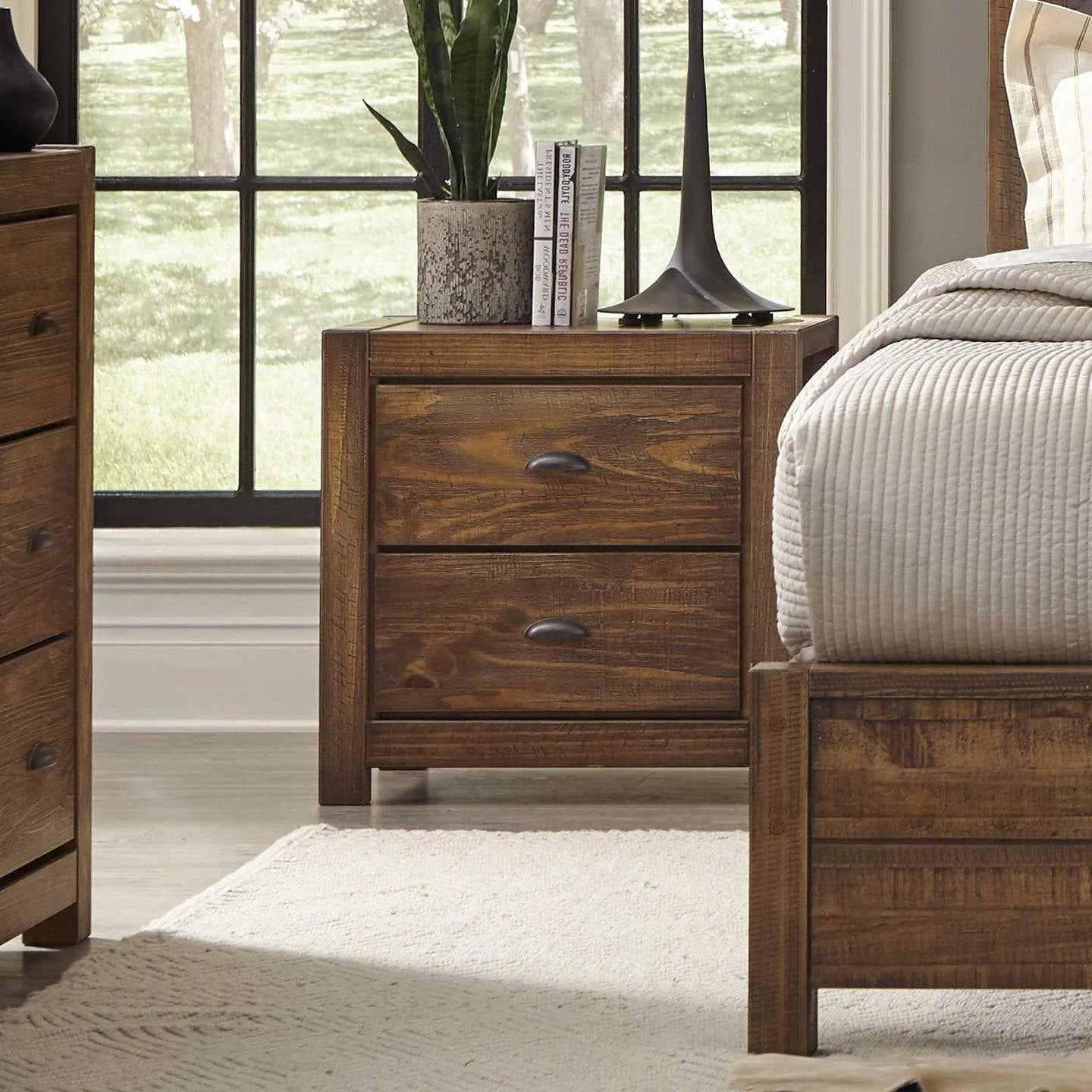 Farmhouse Style Solid Pine Wood 2-Drawer Nightstand Bedside Table in Walnut - Image 4