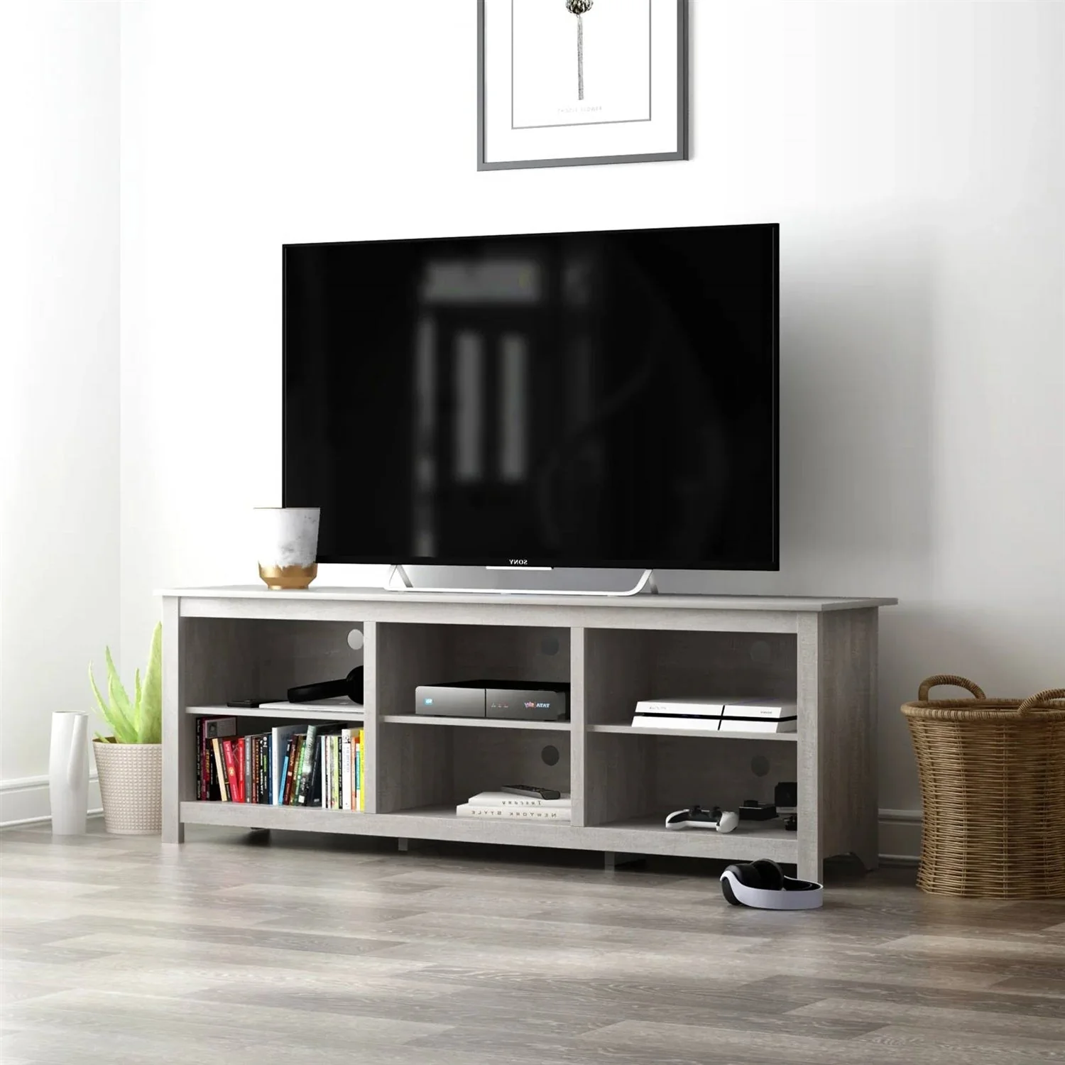 Farmhouse Style TV Stand in Light Grey Oak Wood Finish - for TVs up to 70-inch - Image 2