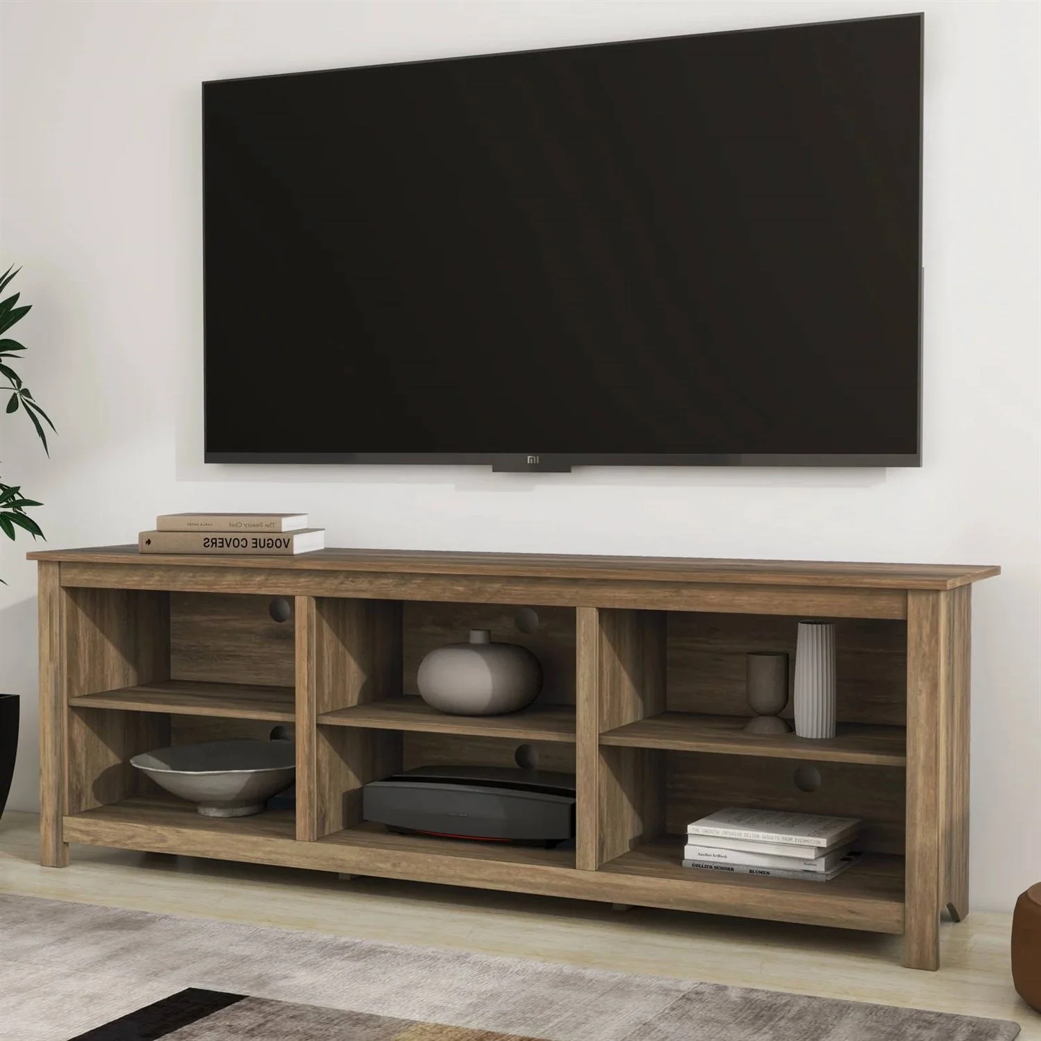 Farmhouse Style TV Stand with 6 Storage Compartments in Brown Oak Wood Finish - Image 2