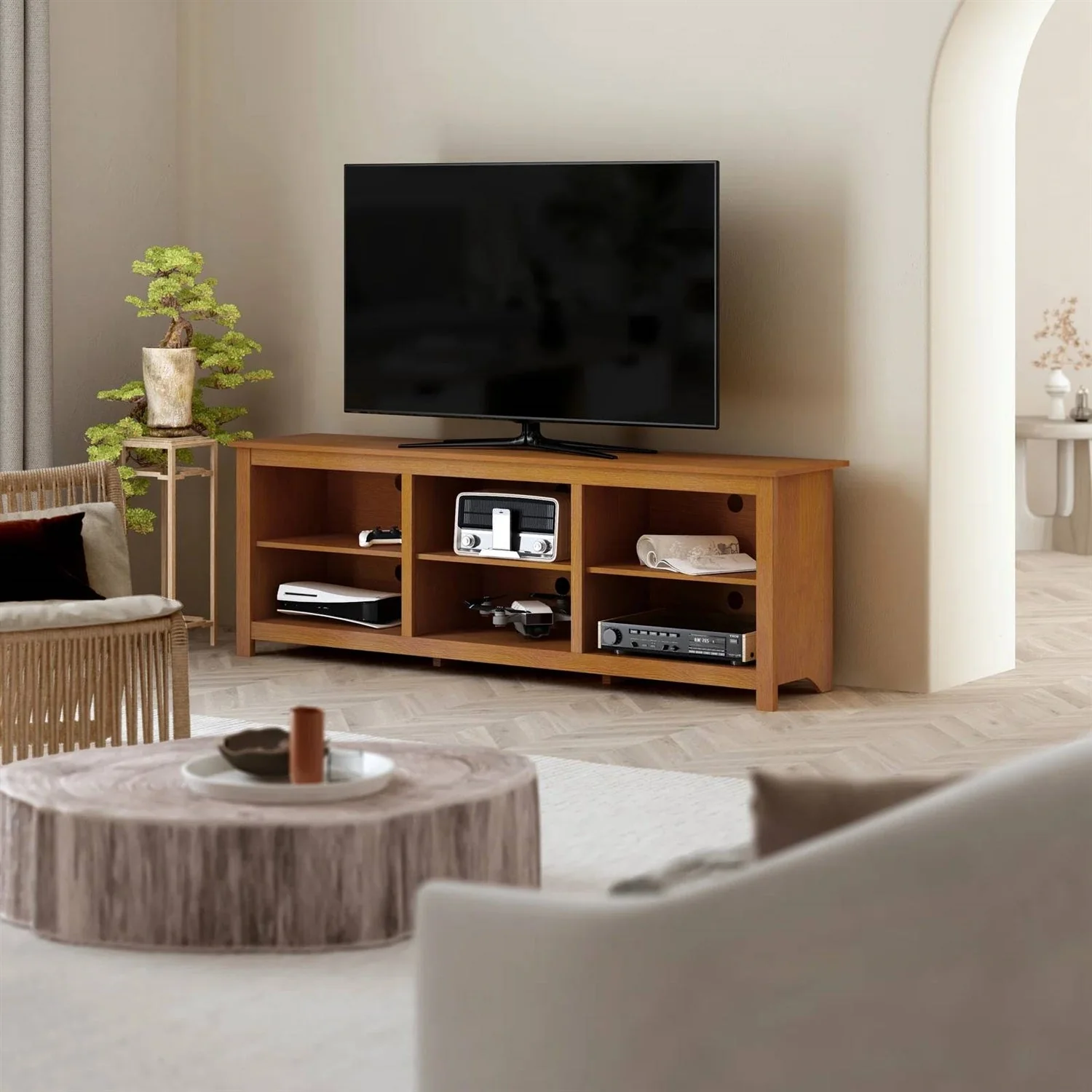 Farmhouse TV Stand in Amber Brown Wood Finish - for TVs up to 70-inch - Image 3