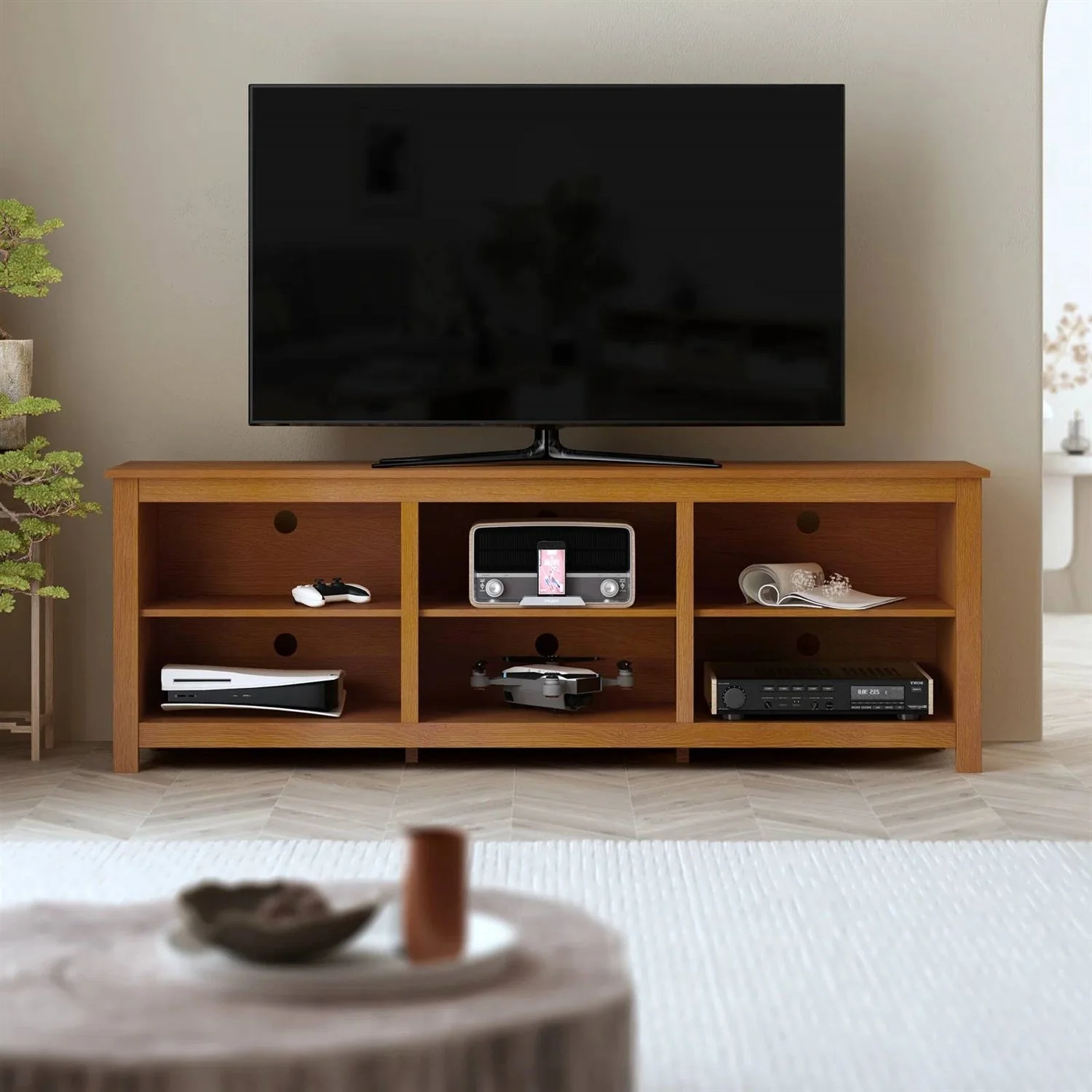 Farmhouse TV Stand in Amber Brown Wood Finish - for TVs up to 70-inch - Image 4