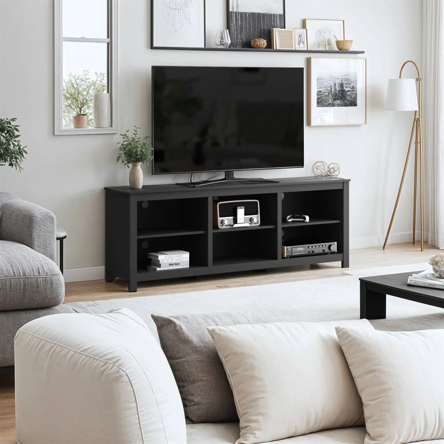 Farmhouse TV Stand in Black Wood Finish - for TVs up to 70-inch - Image 4