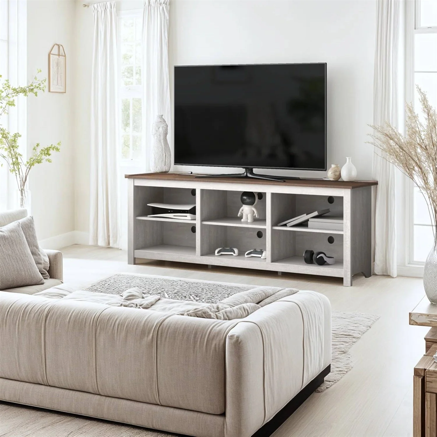 Farmhouse TV Stand in Grey Oak with Brown Wood Finish Top for TVs up to 70-inch - Image 2
