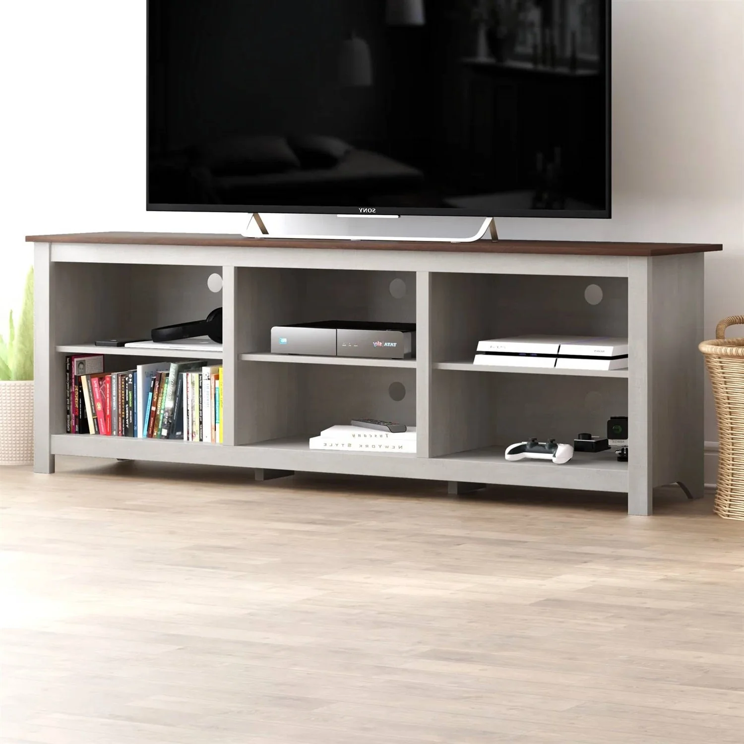 Farmhouse TV Stand in Grey Oak with Brown Wood Finish Top for TVs up to 70-inch - Image 3