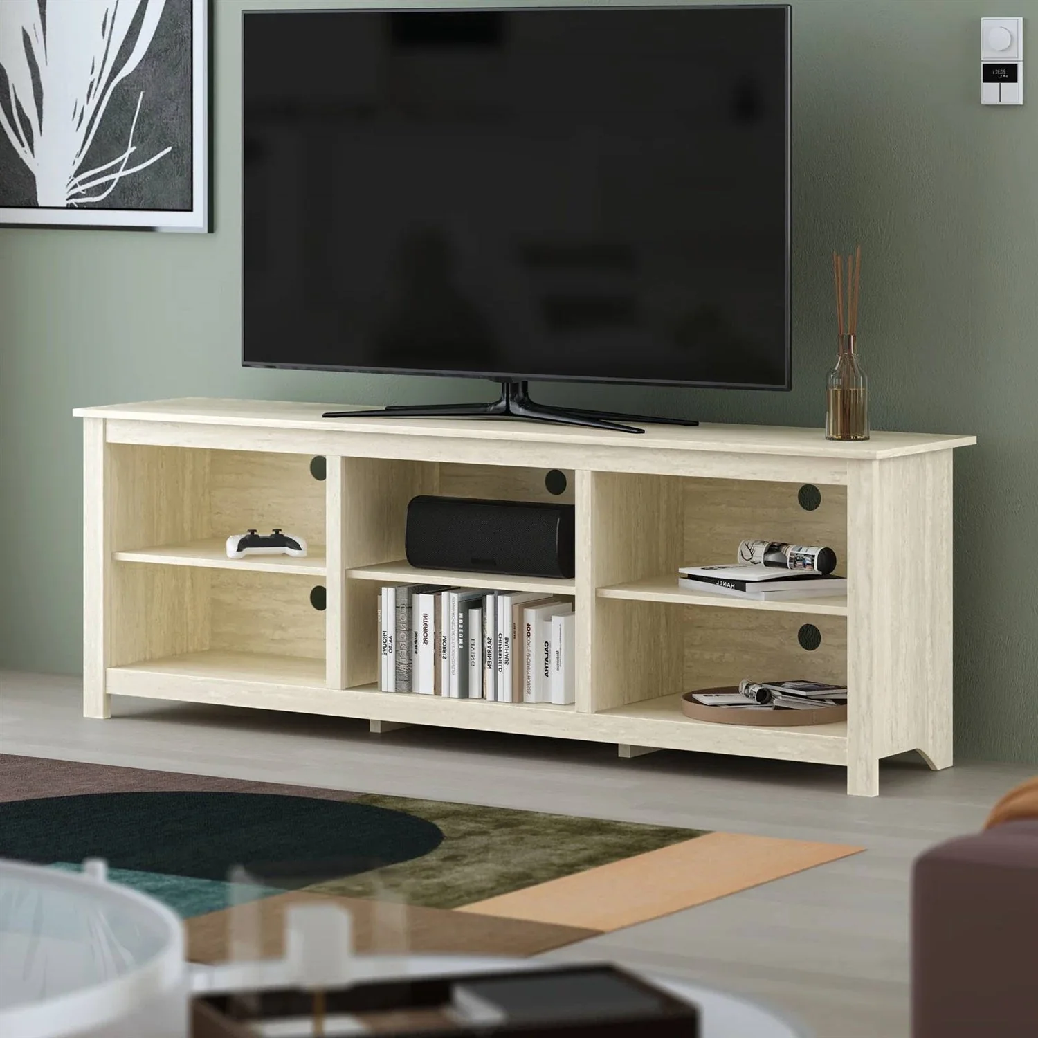 Farmhouse TV Stand in Light Travertine Wood Finish - for TVs up to 70-inch - Image 2