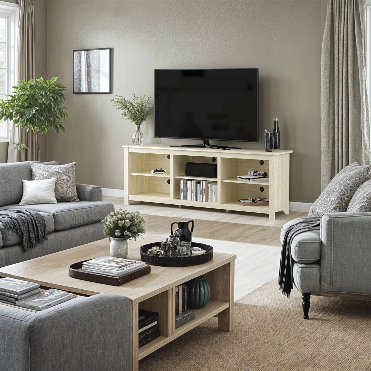 Farmhouse TV Stand in Light Travertine Wood Finish - for TVs up to 70-inch - Image 3