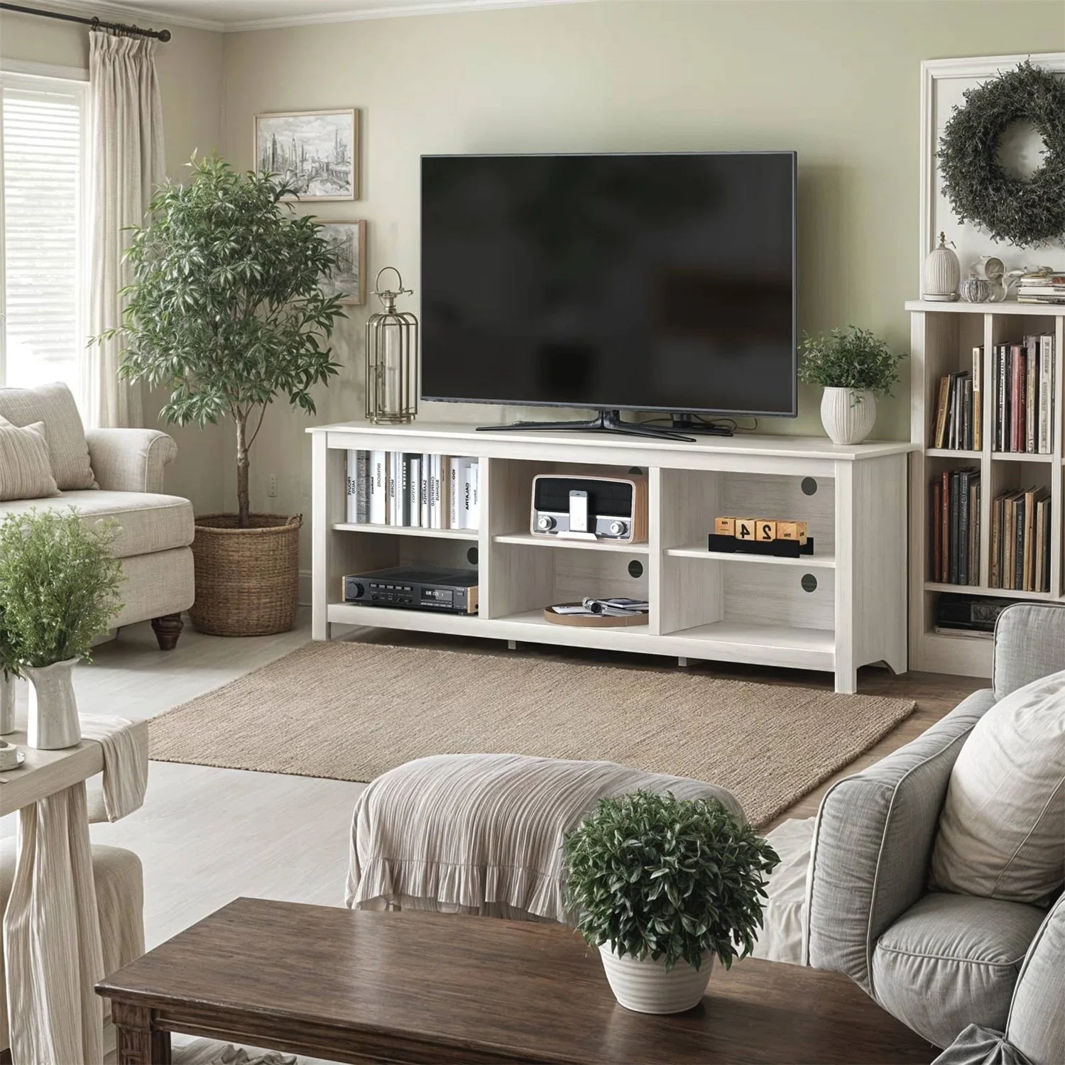 Farmhouse TV Stand in White Wood Grain Finish - for TVs up to 70-inch - Image 2