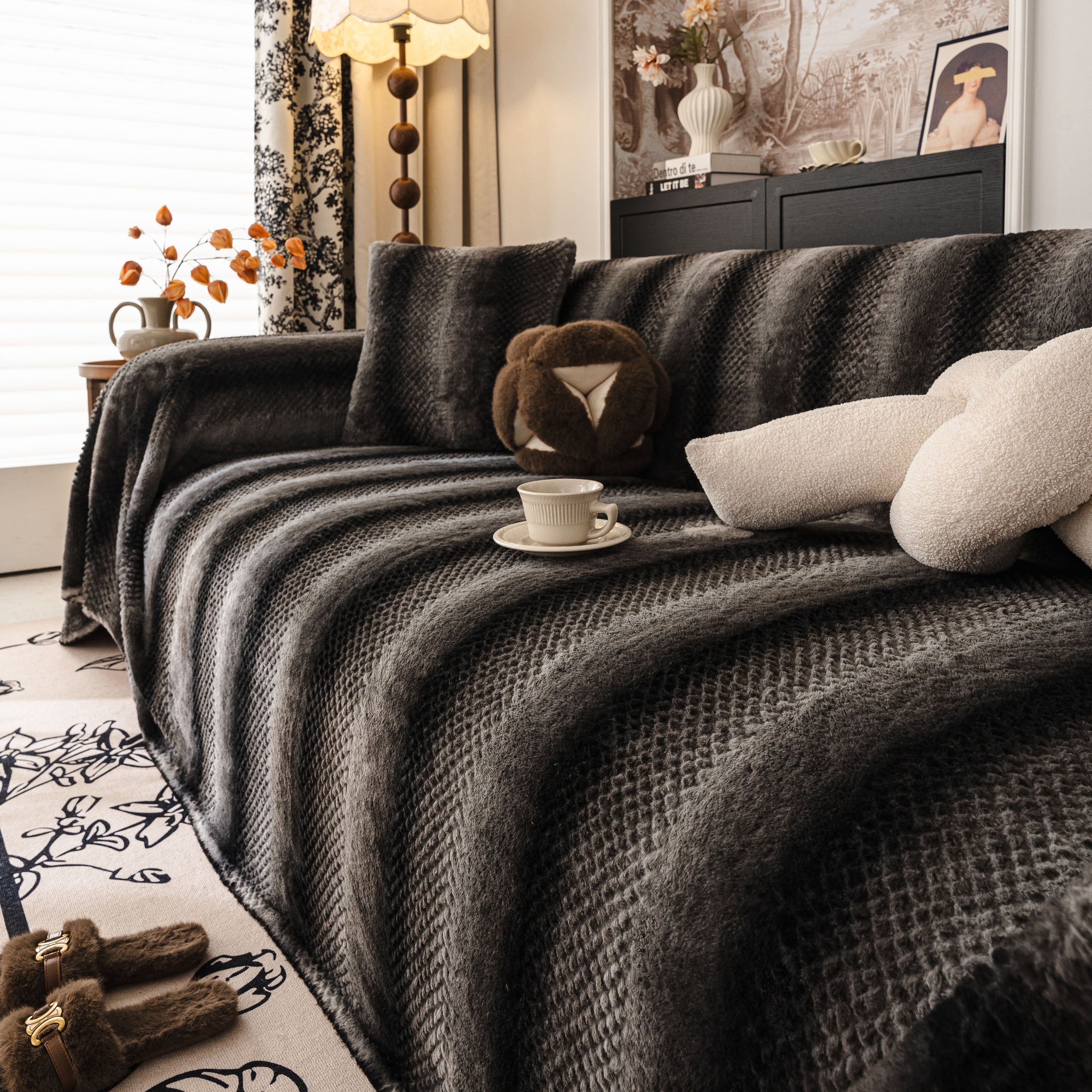 Faux Fur Sofa Cover Washable Furniture Protector for Sectional Warm & Fuzzy Slipcover - Image 36