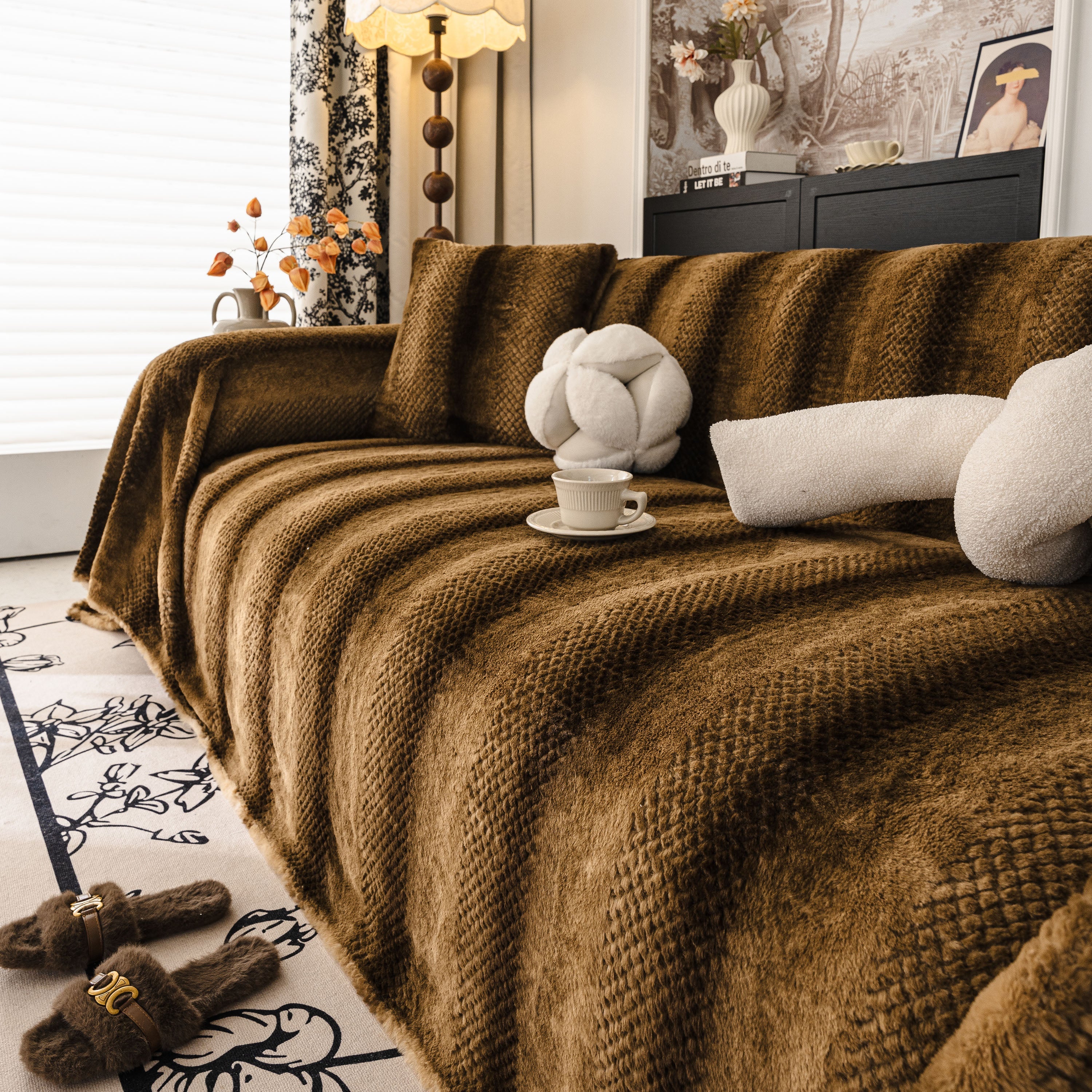 Faux Fur Sofa Cover Washable Furniture Protector for Sectional Warm & Fuzzy Slipcover - Image 76