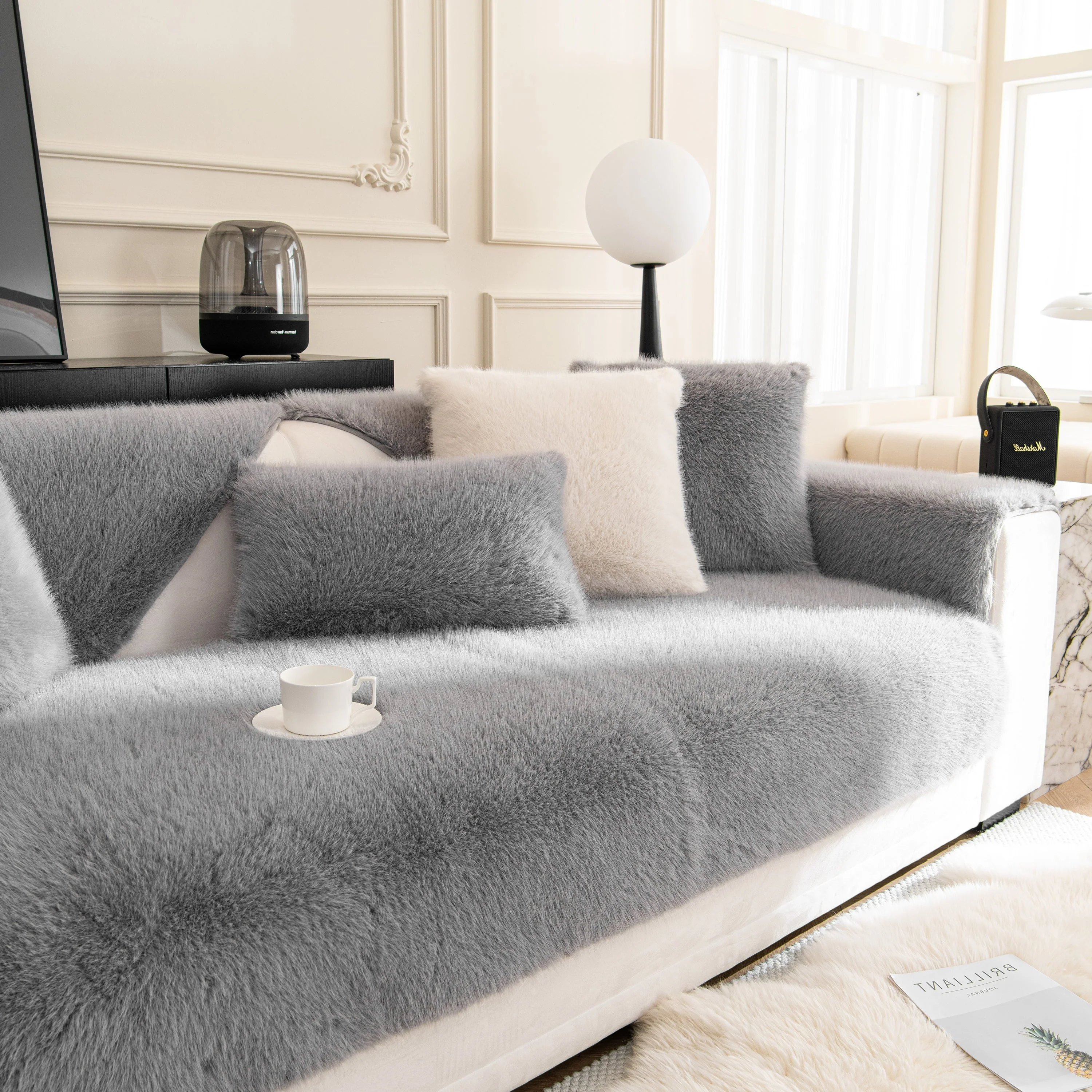 Faux Mink Velvet Luxury Fluffy Sofa Cushion, Winter Warm Thick Plush Non-slip Sofa Covers - Image 100