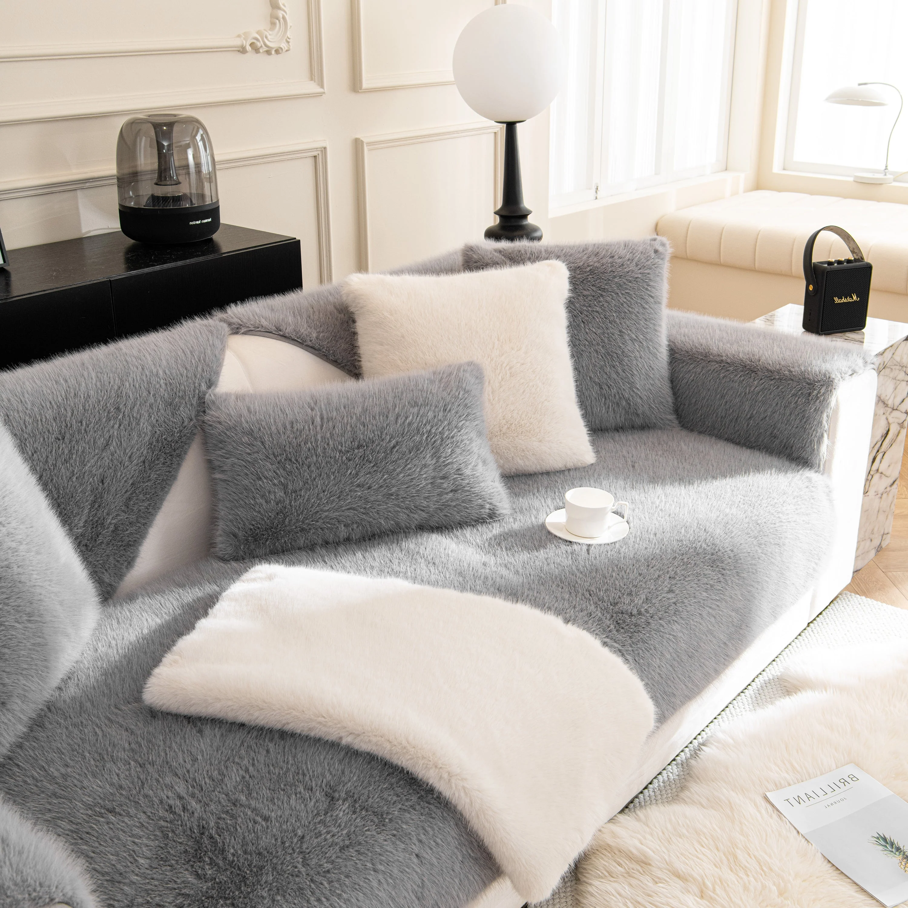 Faux Mink Velvet Luxury Fluffy Sofa Cushion, Winter Warm Thick Plush Non-slip Sofa Covers - Image 102
