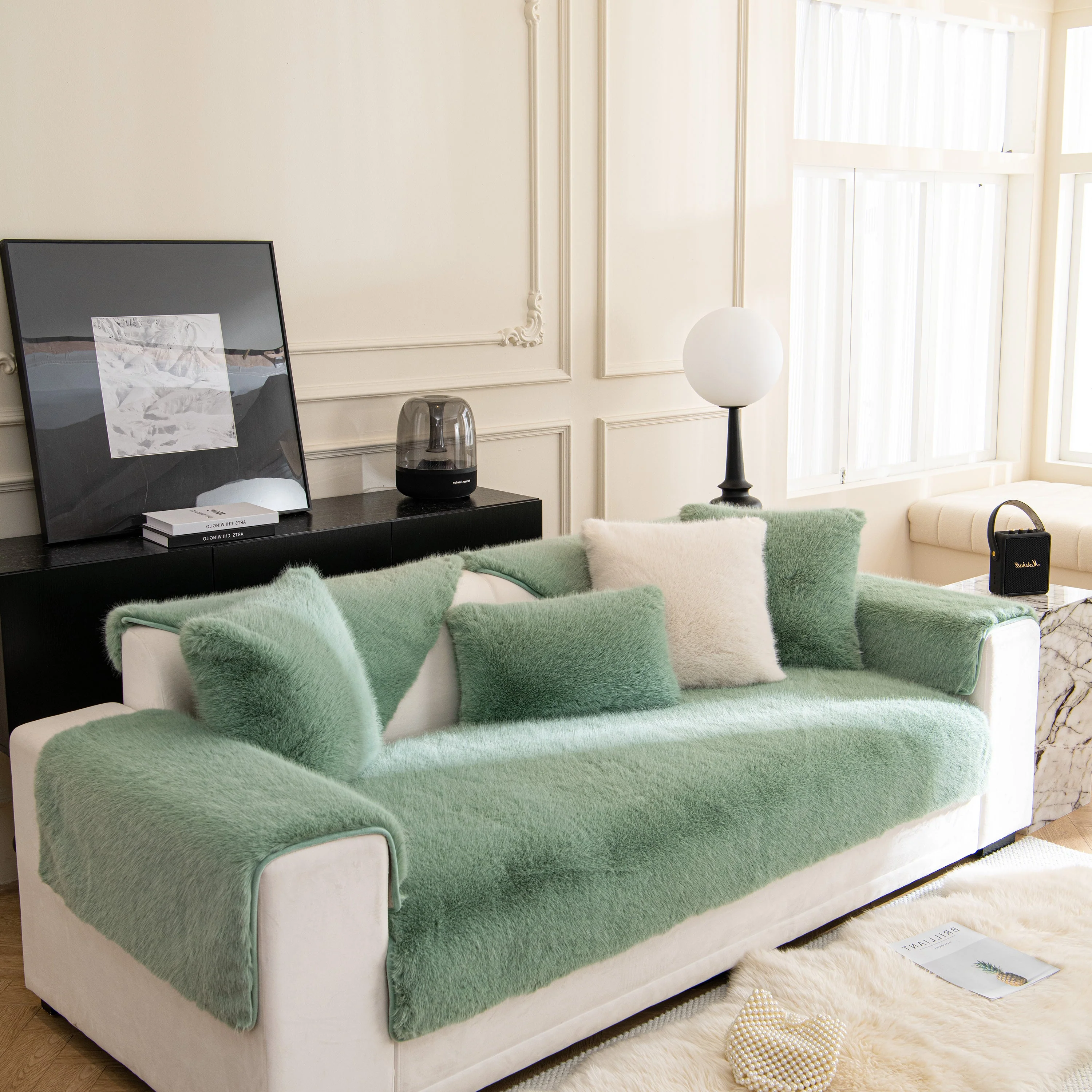 Faux Mink Velvet Luxury Fluffy Sofa Cushion, Winter Warm Thick Plush Non-slip Sofa Covers - Image 116