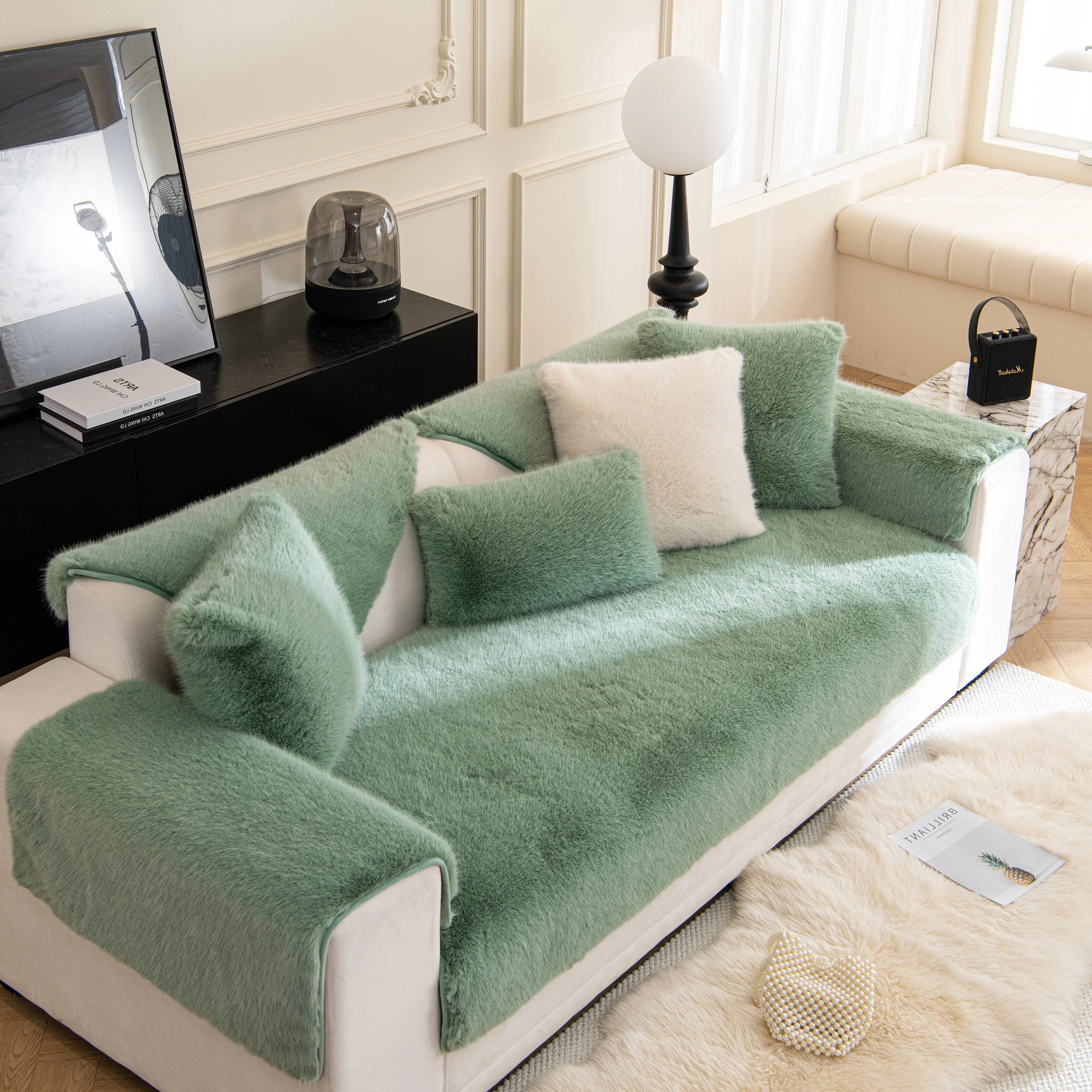 Faux Mink Velvet Luxury Fluffy Sofa Cushion, Winter Warm Thick Plush Non-slip Sofa Covers - Image 117