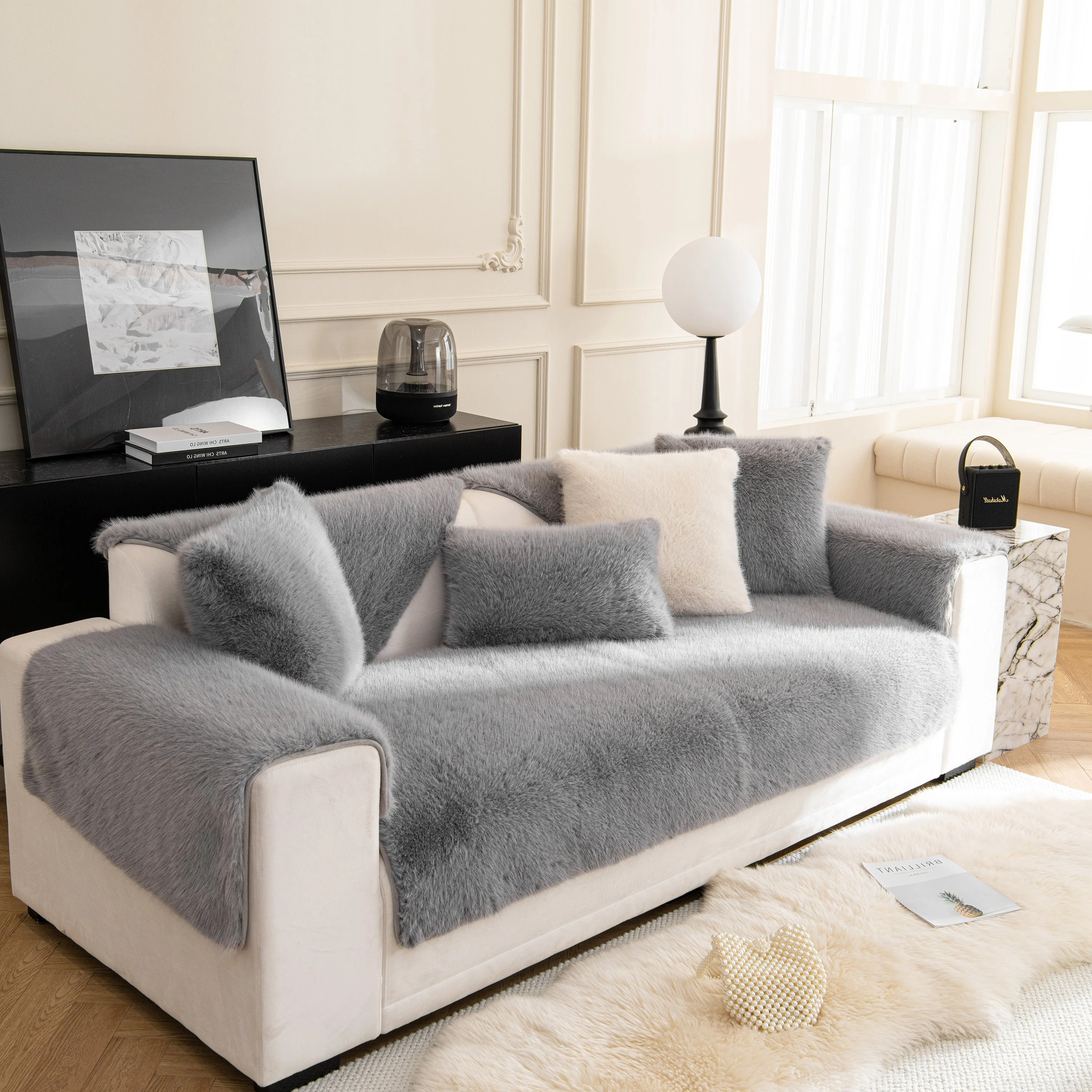 Faux Mink Velvet Luxury Fluffy Sofa Cushion, Winter Warm Thick Plush Non-slip Sofa Covers - Image 92