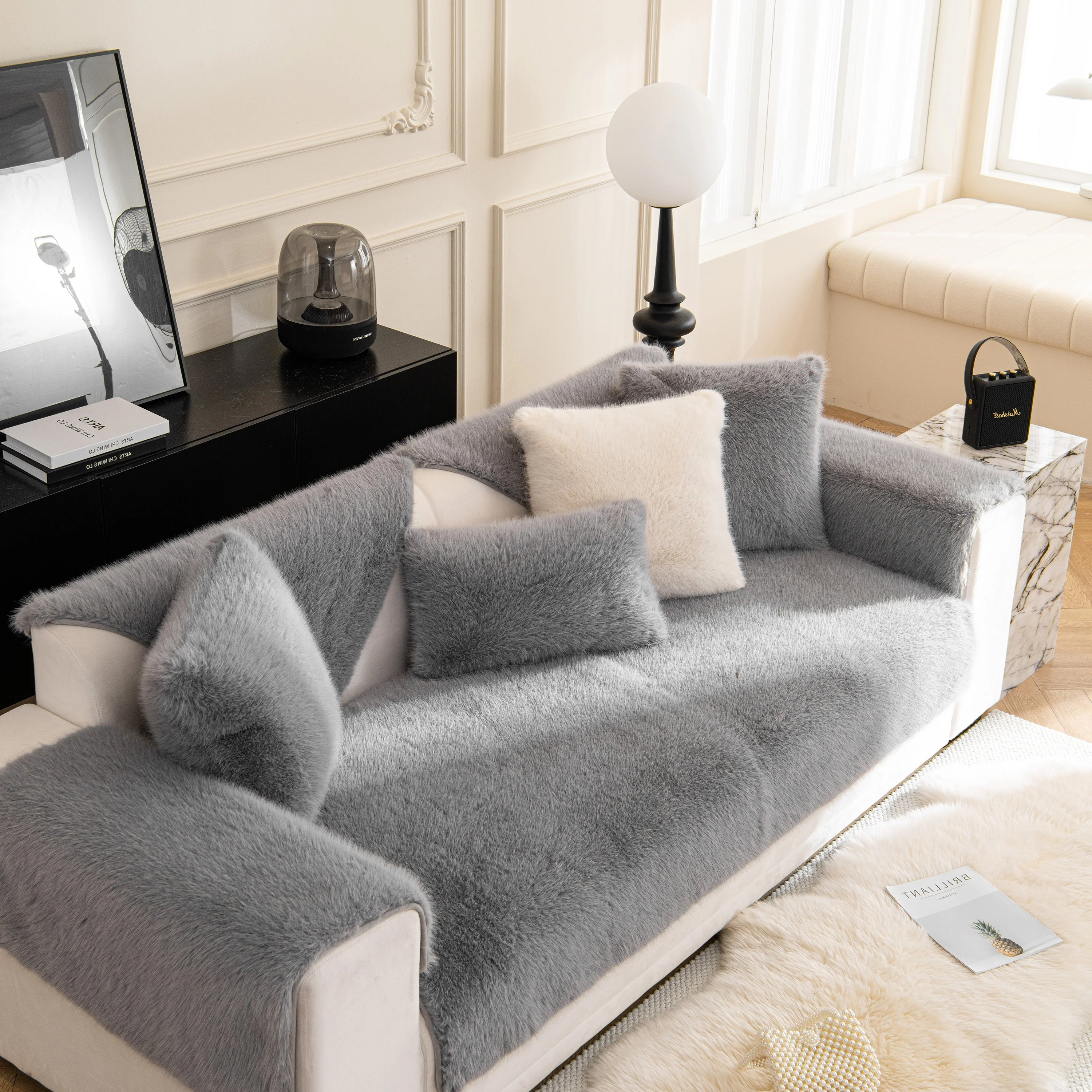 Faux Mink Velvet Luxury Fluffy Sofa Cushion, Winter Warm Thick Plush Non-slip Sofa Covers - Image 93