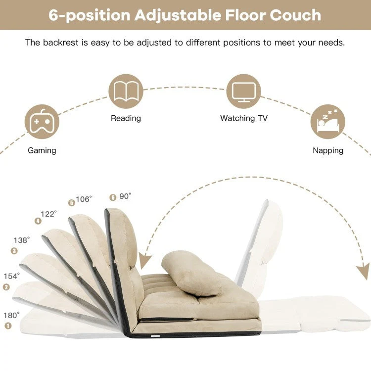Faux Suede Minimalist 5 Tilt Foldable Floor Sofa Bed Detachable Cloth Cover in Beige - Image 5