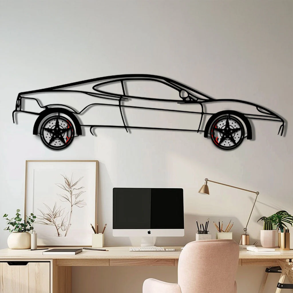 Ferrari 360 Modena Metal Car Wall Art with Rotating Wheels - Italian V8 Supercar Silhouette - Interactive Automotive Decor - KAFMEKA122