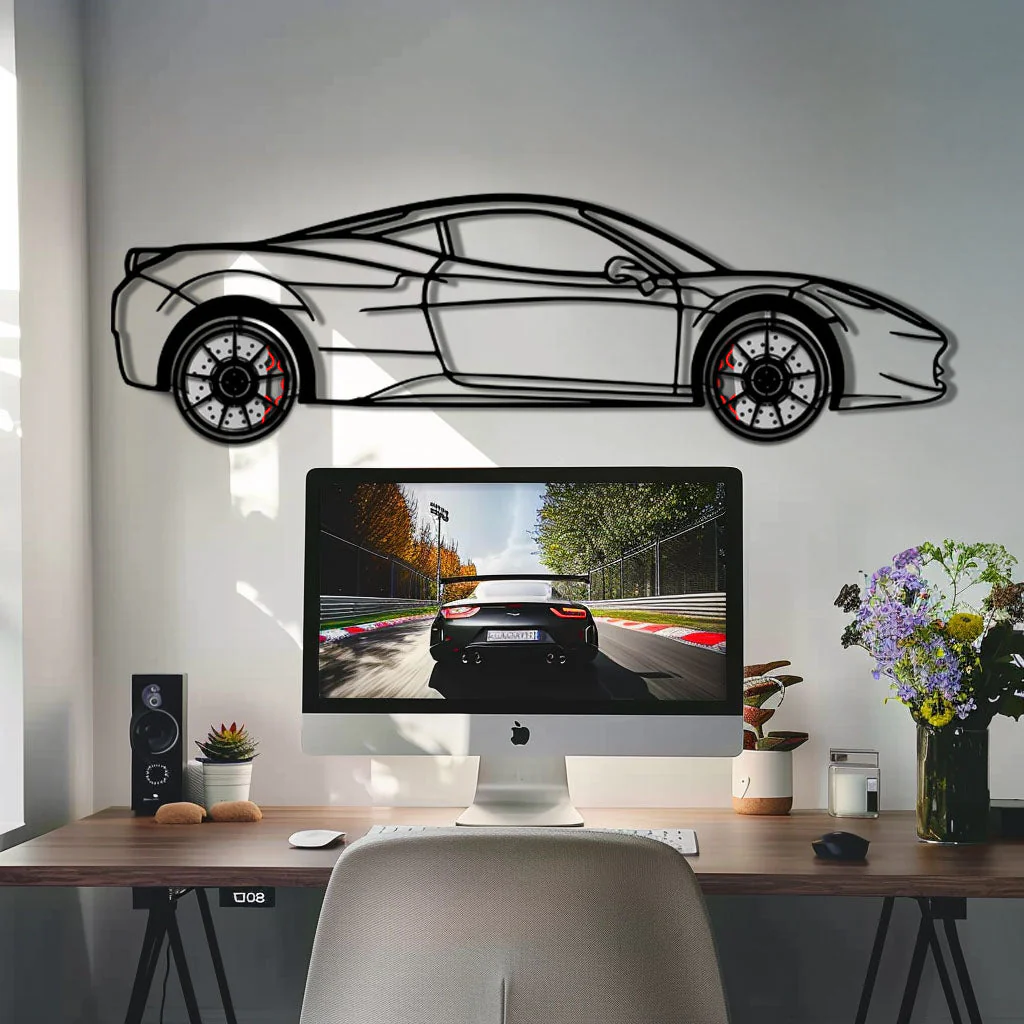 Ferrari 458 Italia Metal Car Wall Art with Rotating Wheels - V8 Supercar Silhouette Decor - Interactive Automotive Wall Art - KAFMEKA124 - Image 10