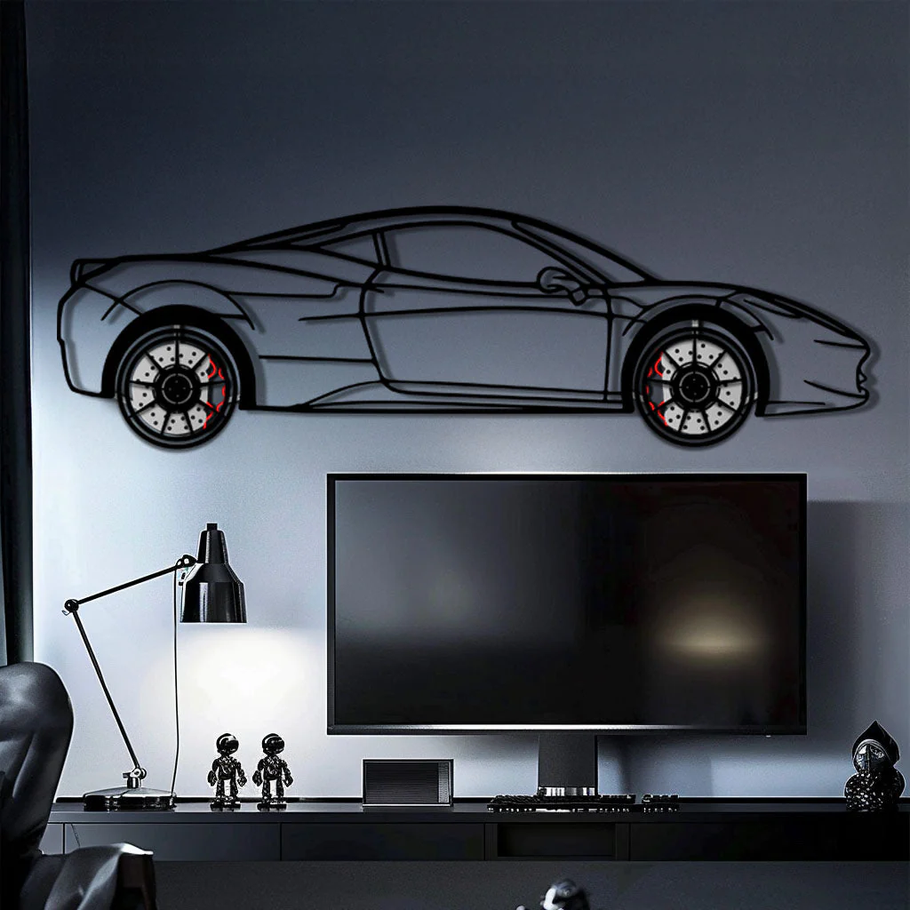 Ferrari 458 Italia Metal Car Wall Art with Rotating Wheels - V8 Supercar Silhouette Decor - Interactive Automotive Wall Art - KAFMEKA124 - Image 2