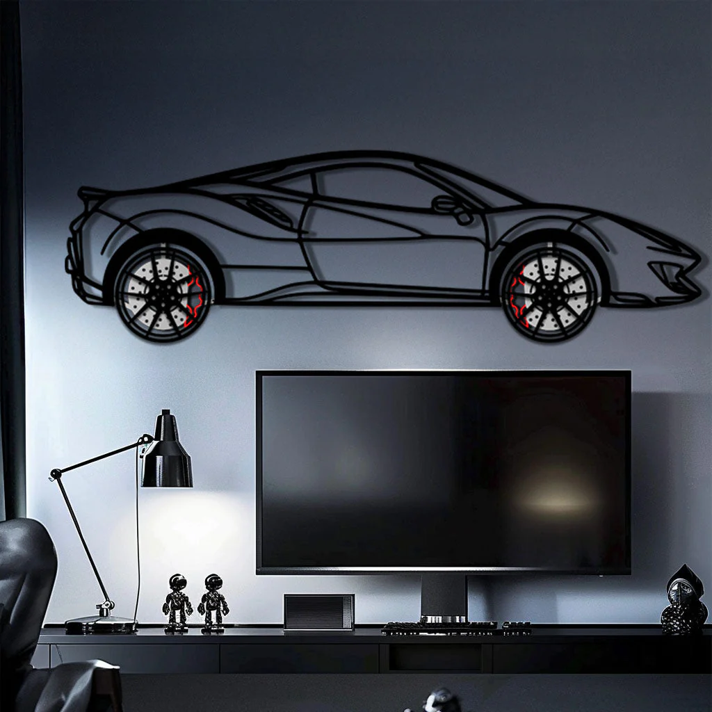 Ferrari 488 Pista Metal Car Wall Art with Rotating Wheels - Track-Focused Italian V8 Silhouette - Interactive Automotive Wall Decor - KAFMEKA128 - Image 2
