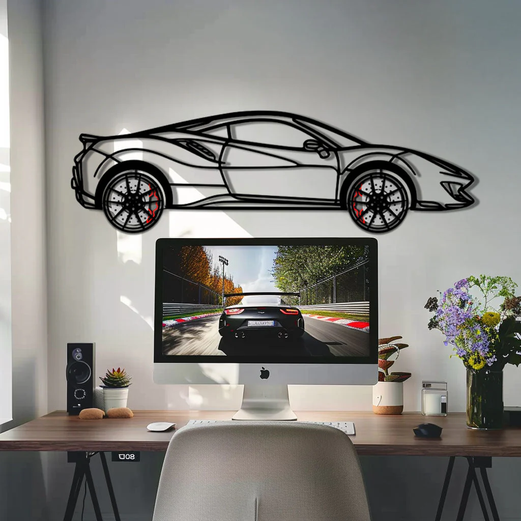 Ferrari 488 Pista Metal Car Wall Art with Rotating Wheels - Track-Focused Italian V8 Silhouette - Interactive Automotive Wall Decor - KAFMEKA128 - Image 9