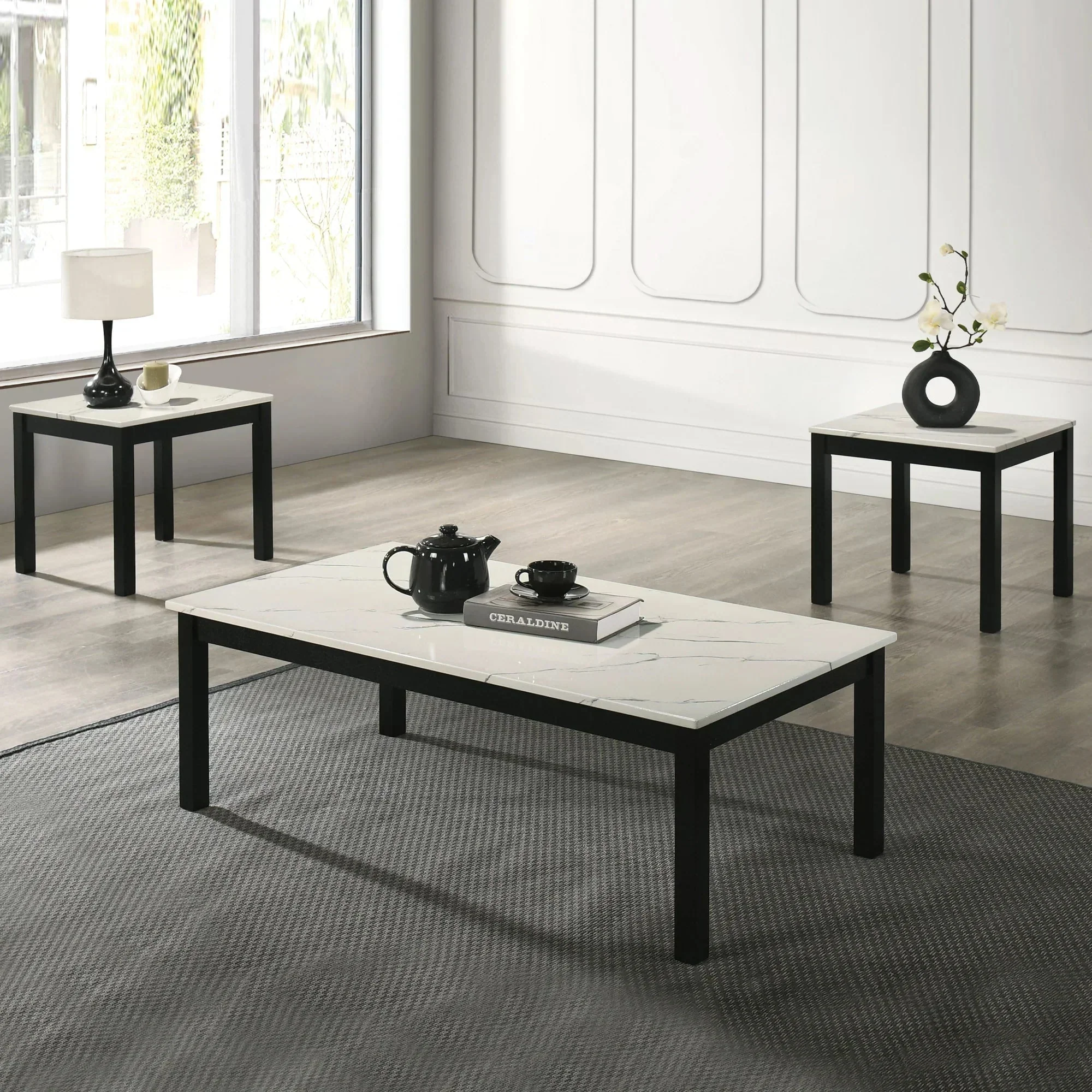 Findlay 3-Piece 47.5 in. Rectangle Faux Marble Top Coffee Table Set with Solid Wood Legs - Image 10