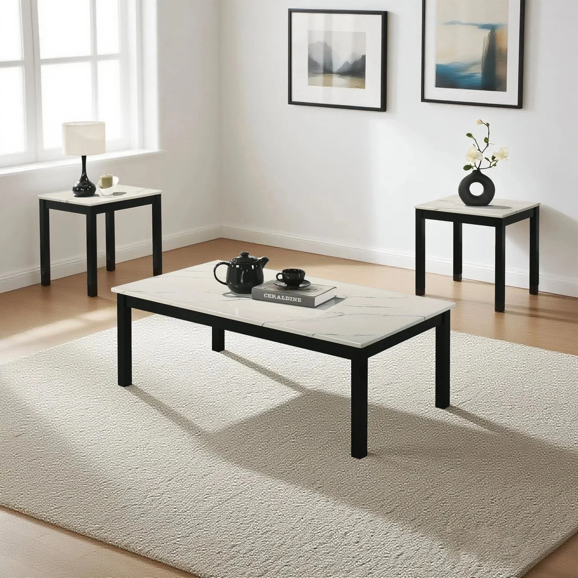 Findlay 3-Piece 47.5 in. Rectangle Faux Marble Top Coffee Table Set with Solid Wood Legs - Image 12