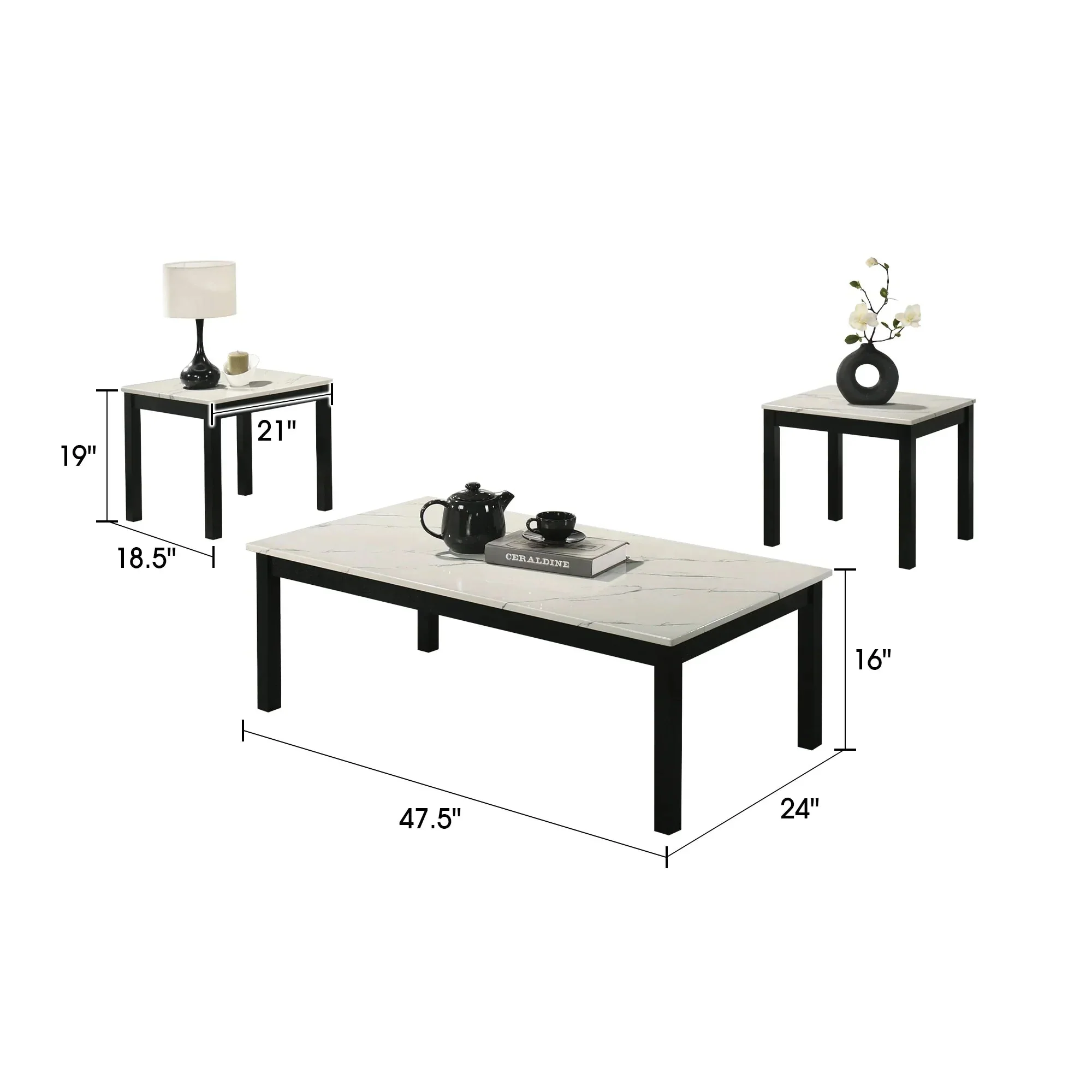 Findlay 3-Piece 47.5 in. Rectangle Faux Marble Top Coffee Table Set with Solid Wood Legs - Image 28