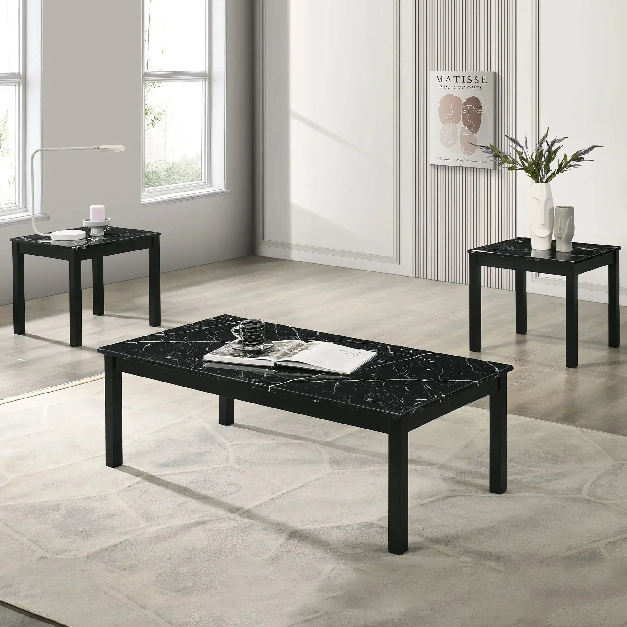 Findlay 3-Piece 47.5 in. Rectangle Faux Marble Top Coffee Table Set with Solid Wood Legs - Image 4