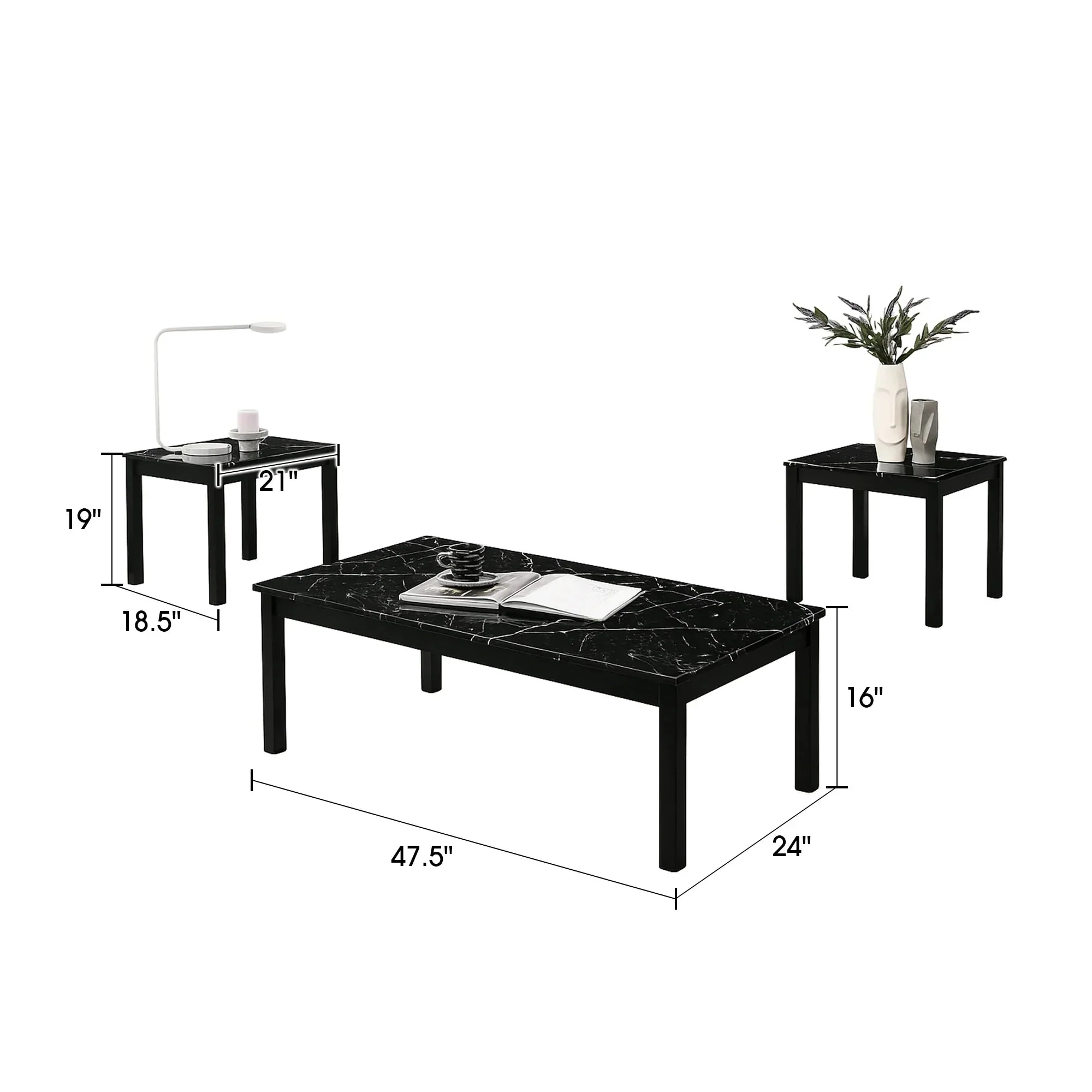 Findlay 3-Piece 47.5 in. Rectangle Faux Marble Top Coffee Table Set with Solid Wood Legs - Image 9