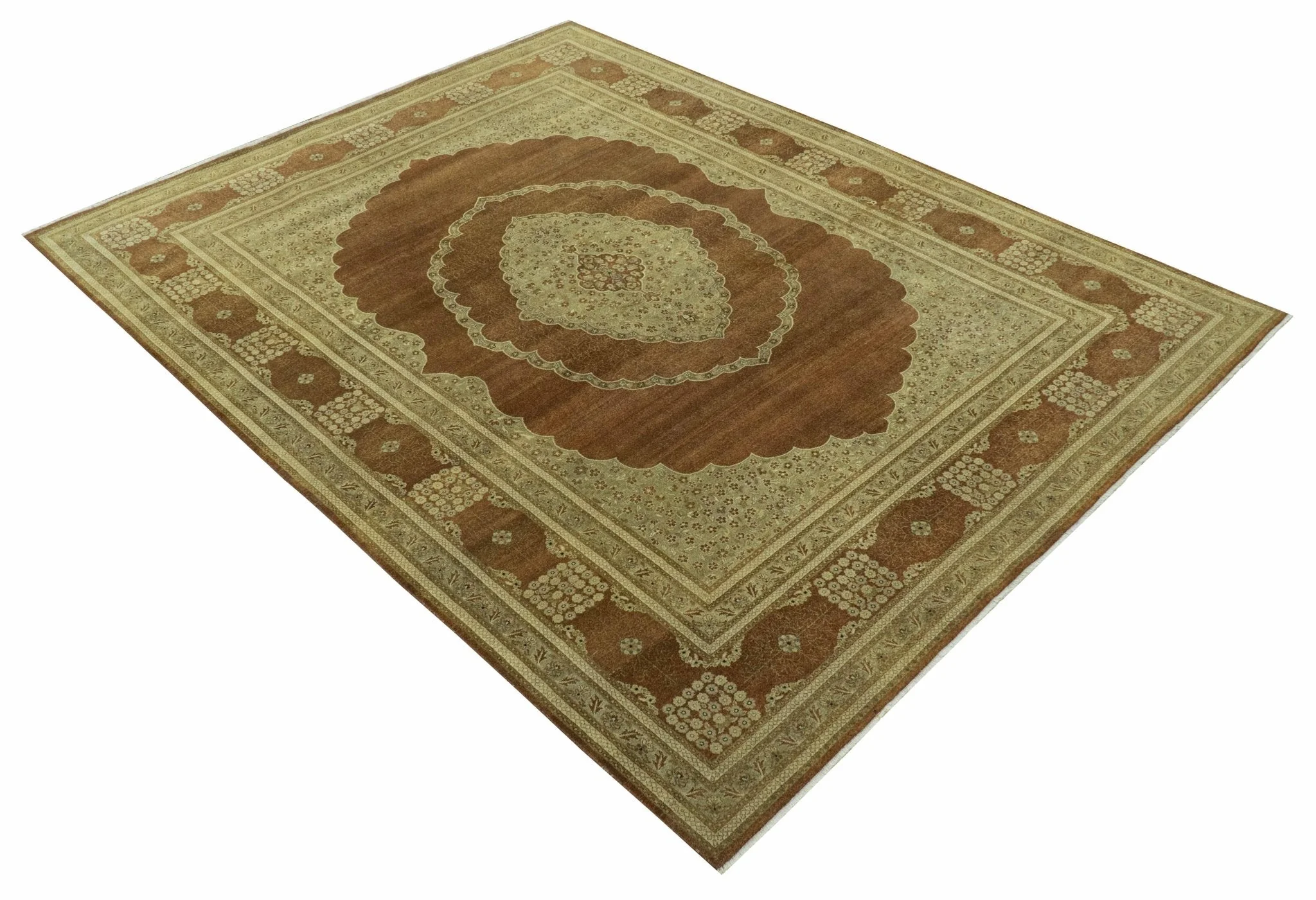 Fine Antique Knotted Traditional Tabriz Brown And Beige Wool Area Rug - Image 10