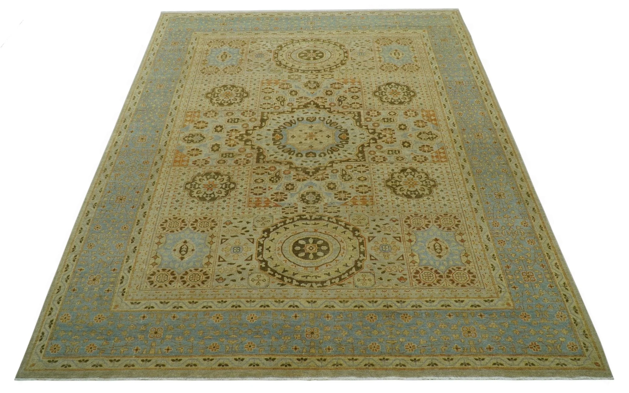 Fine Blue And Beige Traditional Mamluk Design Hand Knotted 8x10 Wool Area Rug - Image 11