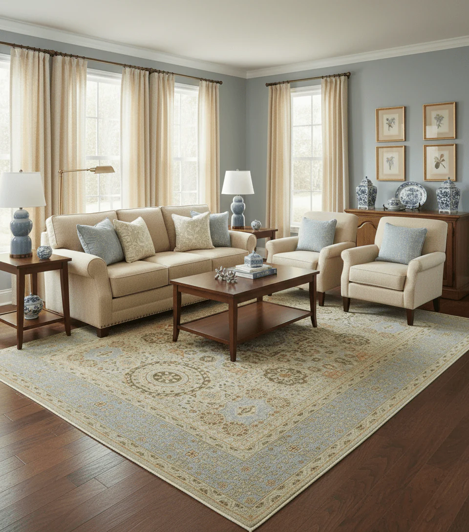 Fine Blue And Beige Traditional Mamluk Design Hand Knotted 8x10 Wool Area Rug - Image 2