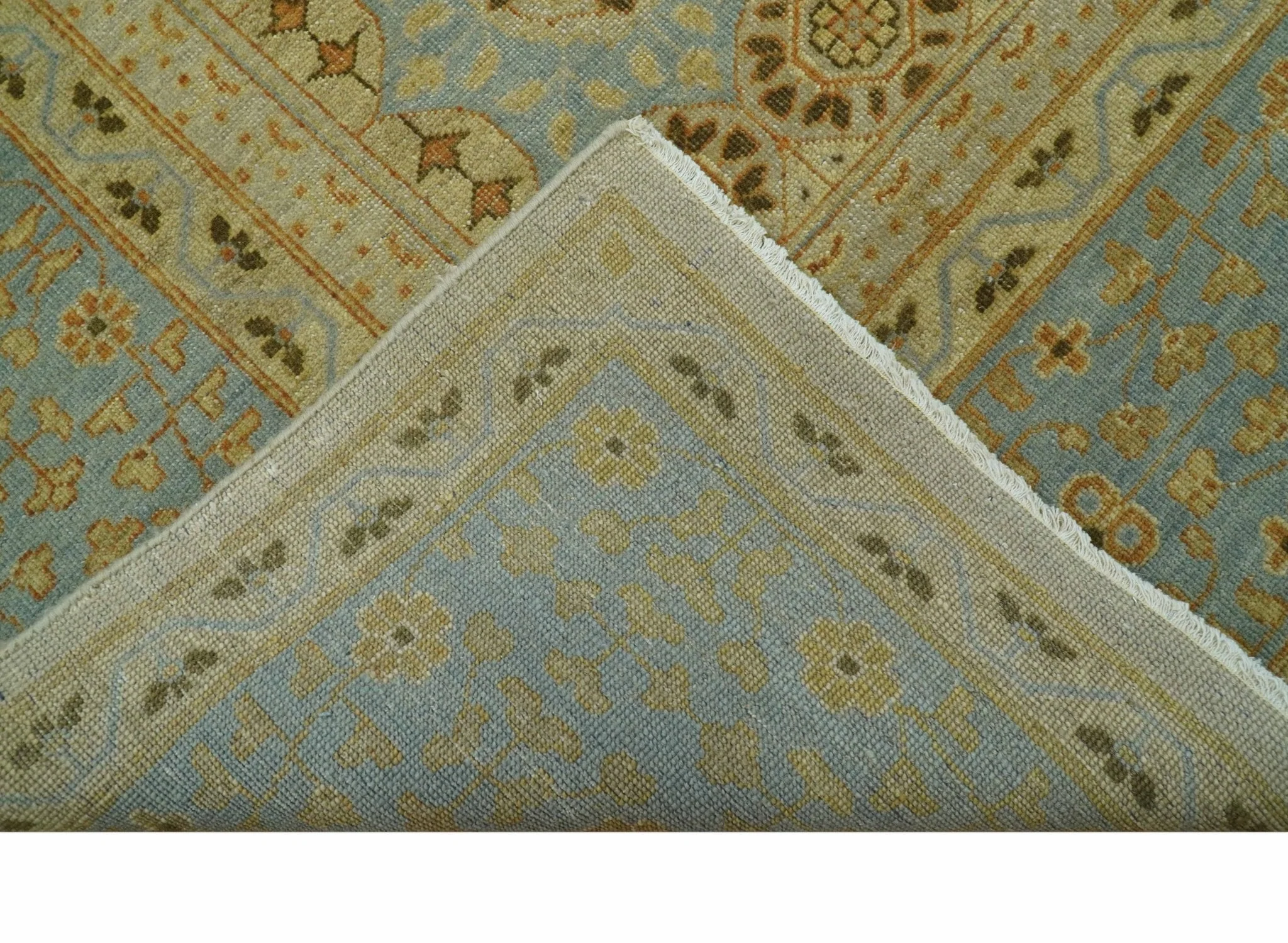 Fine Blue And Beige Traditional Mamluk Design Hand Knotted 8x10 Wool Area Rug - Image 4