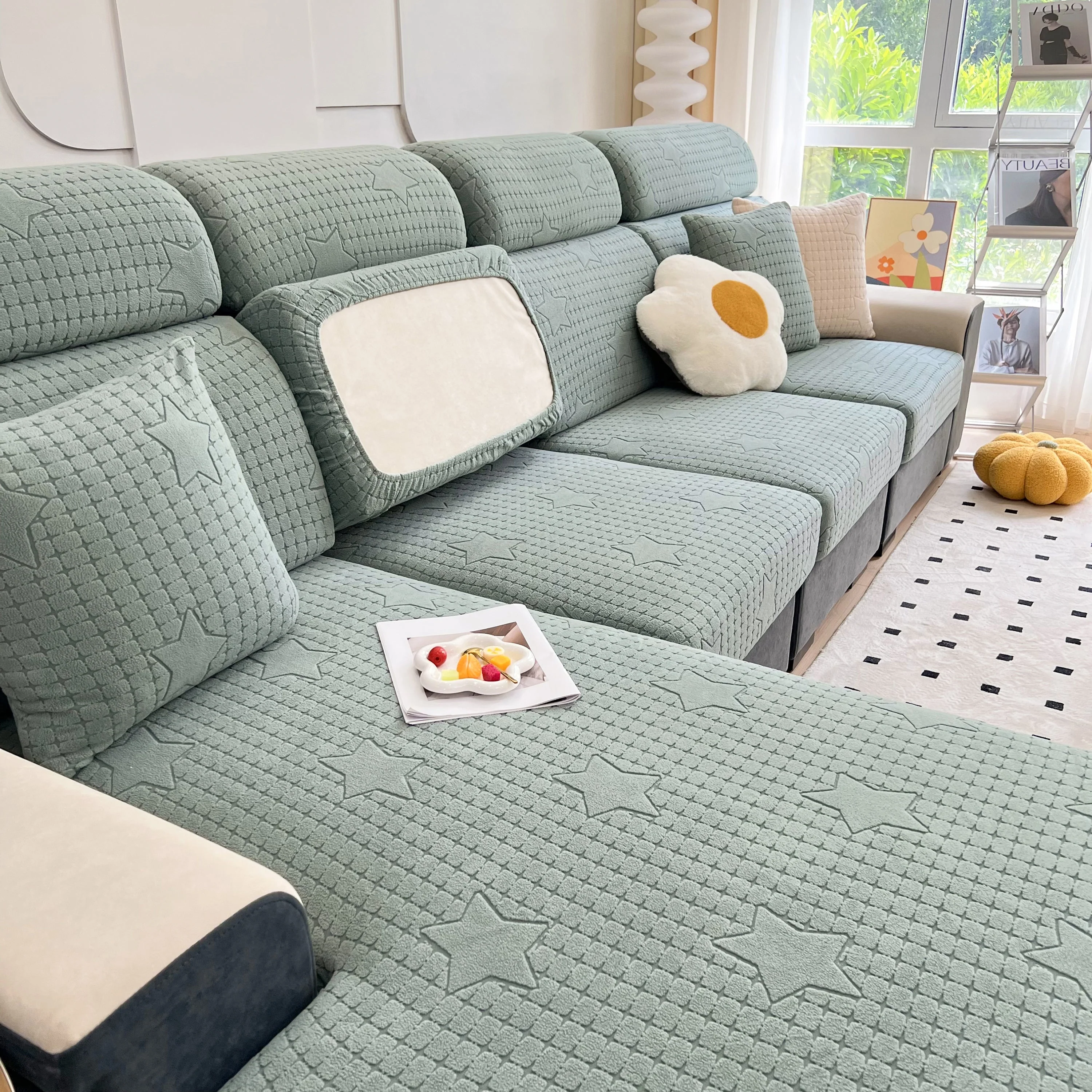 Fleece Fabric Cushion Covers for Sectional Sofas and L-Shaped Couch, Stretch Washable Sofa Seat Covers - Image 10