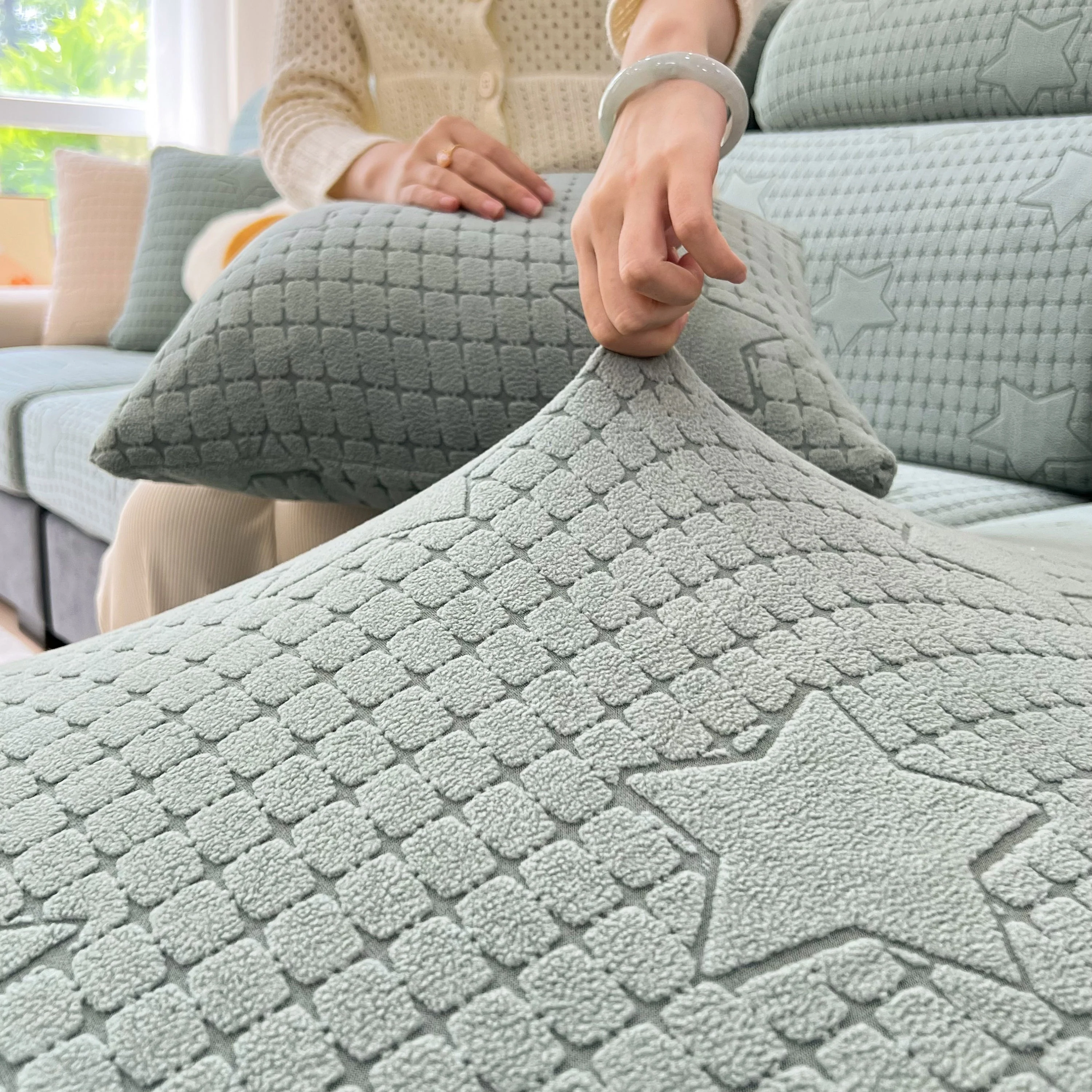 Fleece Fabric Cushion Covers for Sectional Sofas and L-Shaped Couch, Stretch Washable Sofa Seat Covers - Image 2