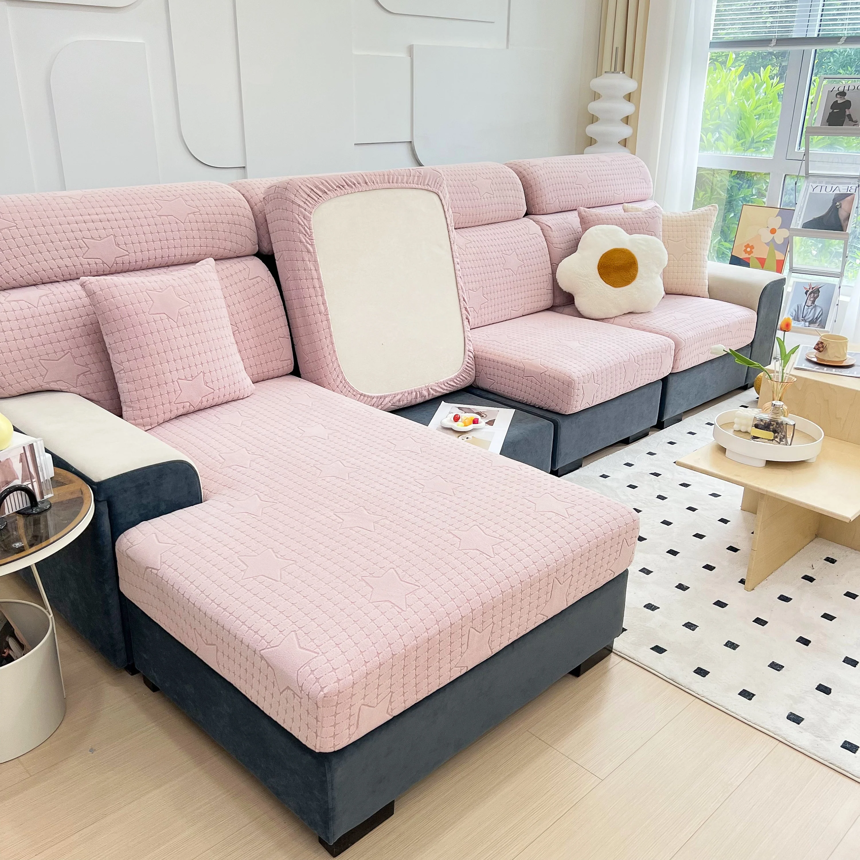 Fleece Fabric Cushion Covers for Sectional Sofas and L-Shaped Couch, Stretch Washable Sofa Seat Covers - Image 44