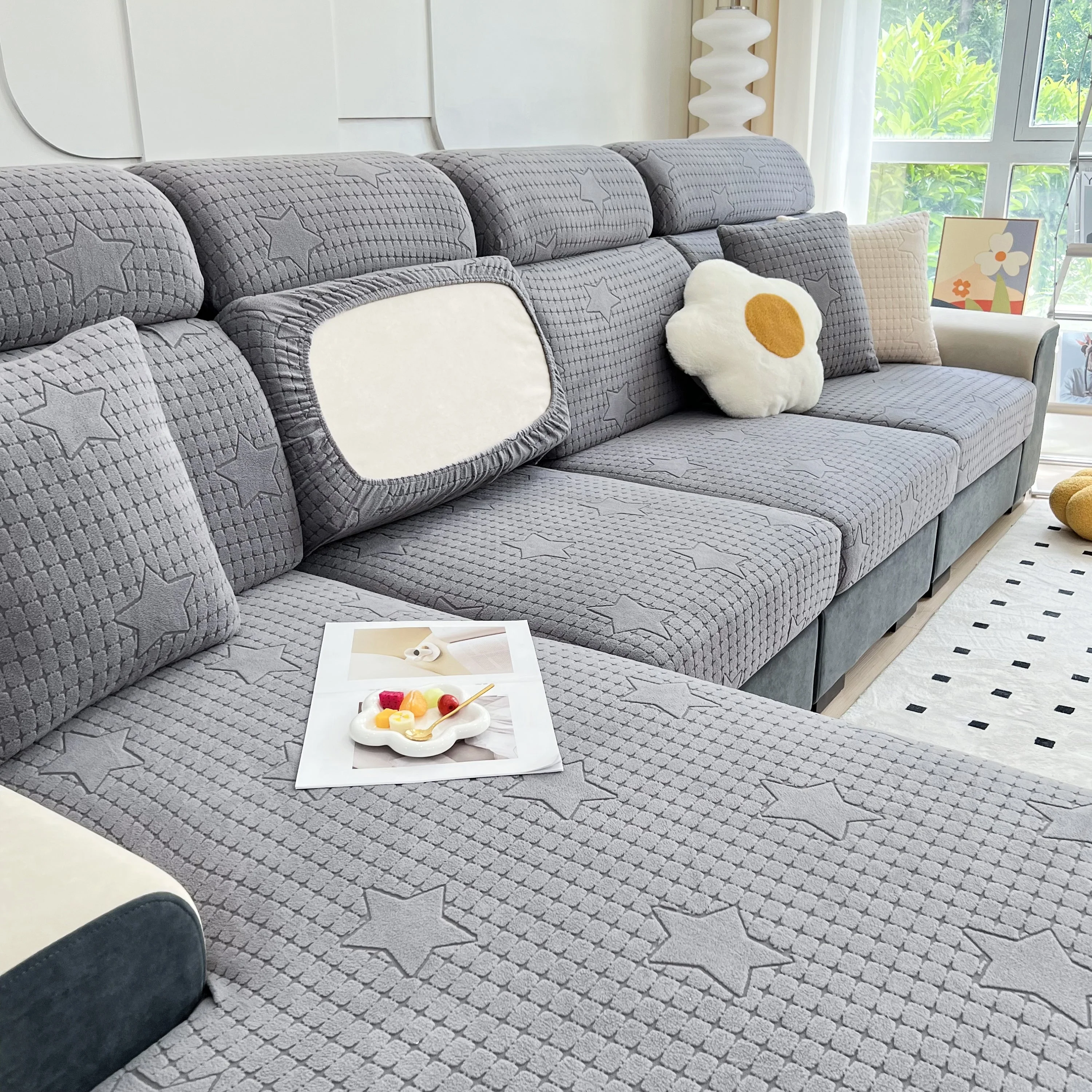 Fleece Fabric Cushion Covers for Sectional Sofas and L-Shaped Couch, Stretch Washable Sofa Seat Covers - Image 66